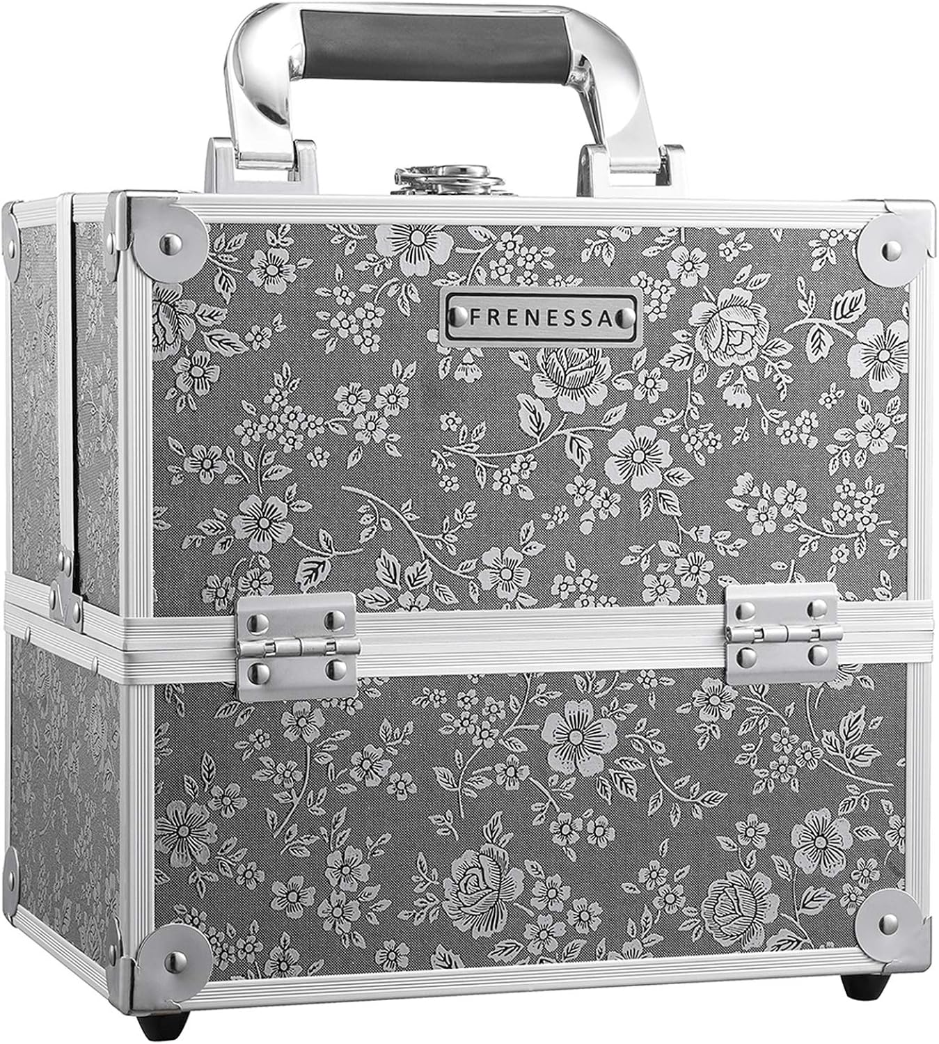Frenessa Makeup Train Case Floral Cosmetic Box Storage - 4 Tier Trays Makeup Organizer Case Jewelry Storage with Lockable Portable Travel Travel Case for Women and Girls - Silver Floral : Beauty & Personal Care