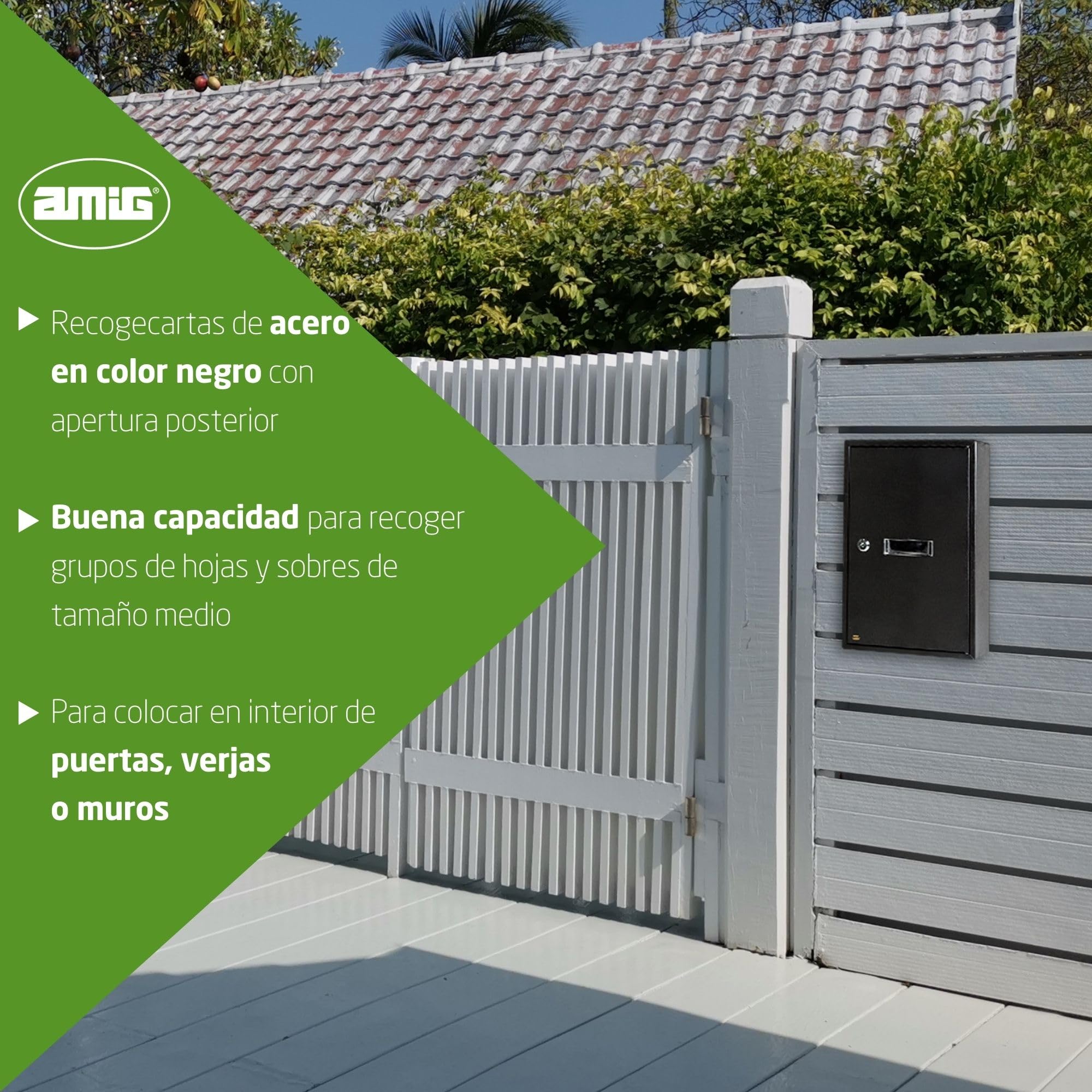 Amig - Buzón Recogecartas para Interior - Tamaño Compacto para DIN A4 - Apertura con Cerradura - Acero Negro- Fácil de Instalar en Puertas o Verjas - 40 x 25 x 10 cm