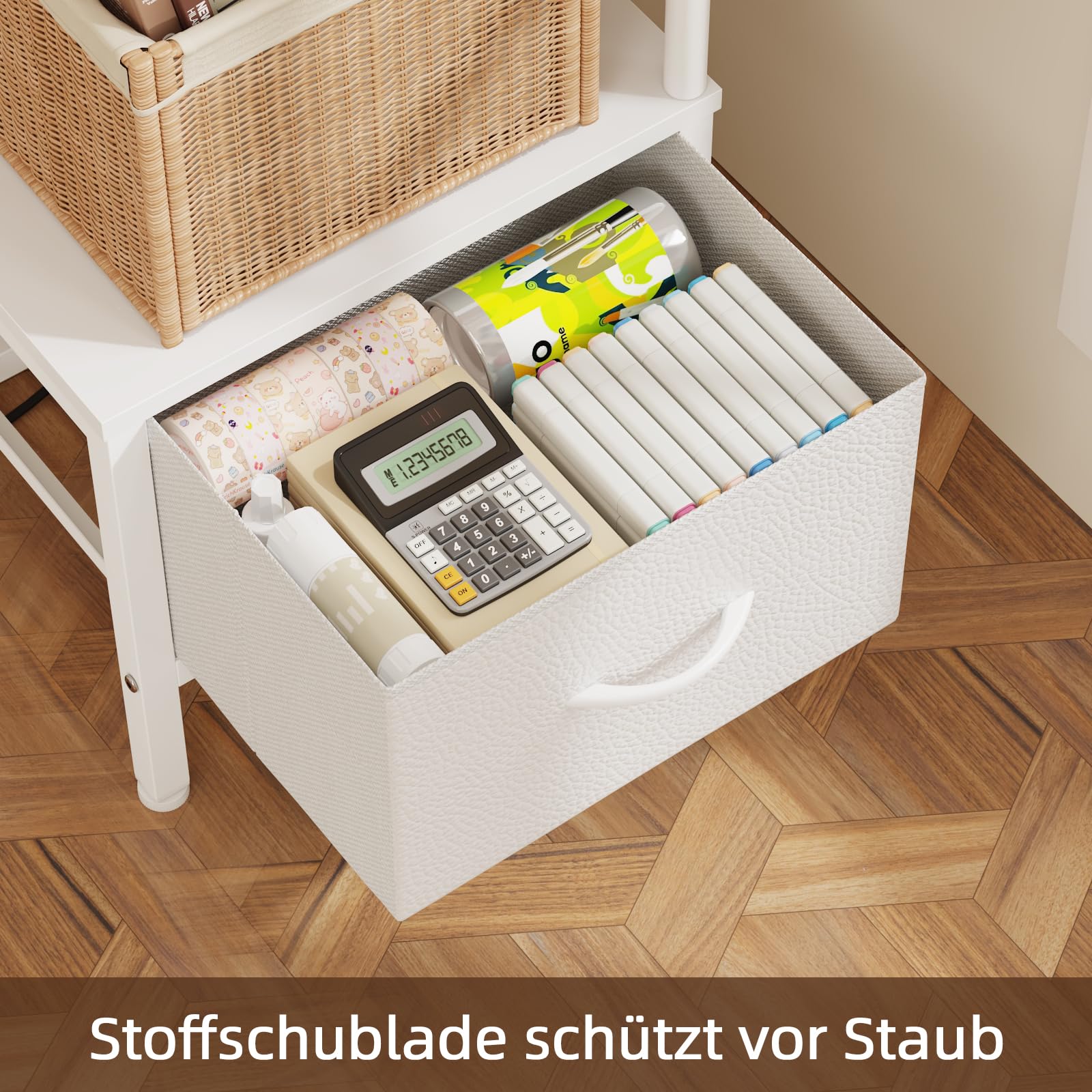Eckregal mit LED-Beleuchtung, 6 Ebenen und Stoffschublade, 191 cm hoch, für Wohnzimmer, Schlafzimmer, Büro - Weiß