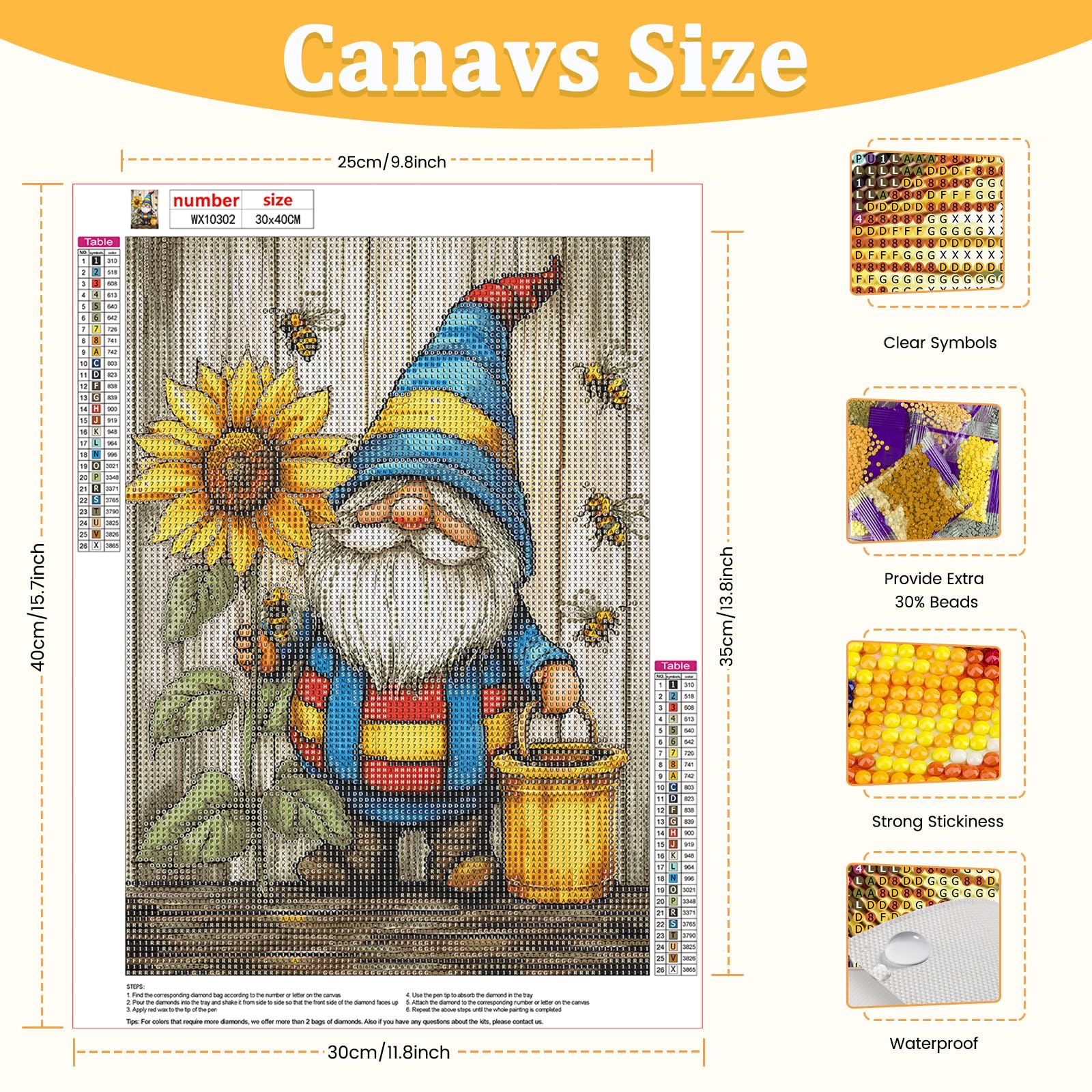CEOVR Gnome Diamond Painting Art Kits Adults 30x40 cm,DIY Gem Art Kits,Bee and Sunflowers Diamond Painting Set for Leisure Time - Image 3
