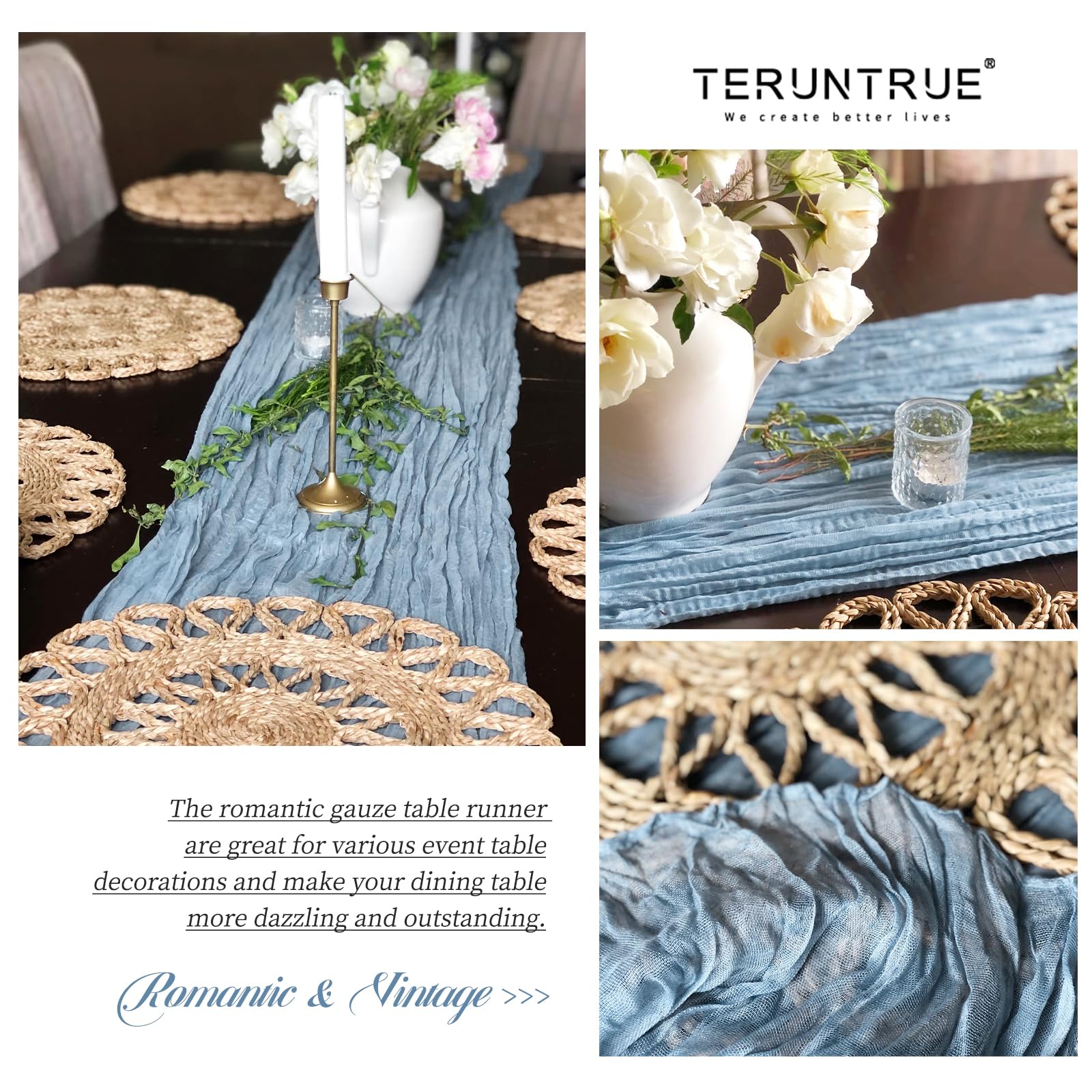 Teruntrue Confezione da 24 Runner da Tavola in Garza Blu Polveroso 45x275 cm, Tovaglie Boho in Garza per Decorazioni di Matrimoni, Feste per Bambini, Baby Shower e Compleanni