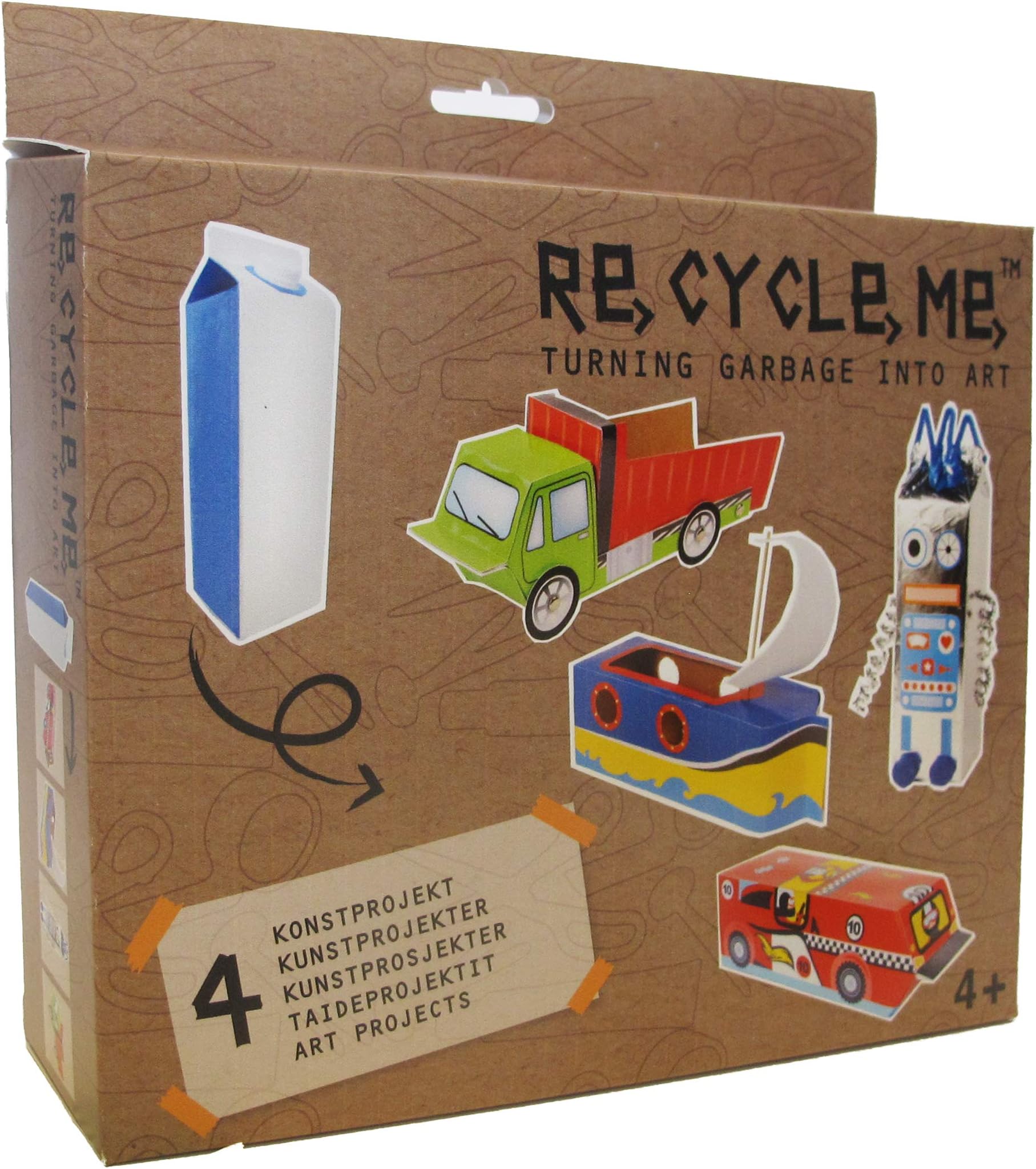 Buzzy ReCycleMe Project Box, Turn Garbage into Art, Eco-Friendly Project for Kids, Learn How to Recycle and Be Sustainable, Milk Carton – Race Car, Robot, Sailboat, Truck