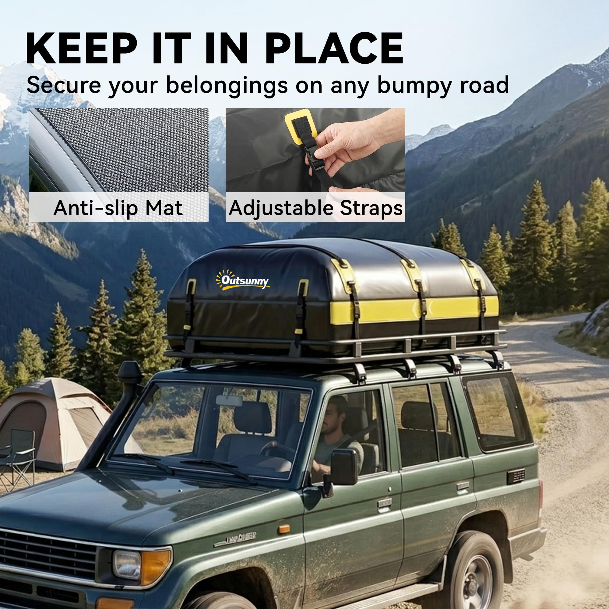 Outsunny Dachgepäcktasche mit Schloss, 21 cu ft, Gelb, mit/ohne Träger | Wasserfest, Reflektierende Pfeile, Weiche Dachbox, Dachgepäckträger, 7 verstärkte Gurte, Anti-Rutsch-Matte, Türhaken