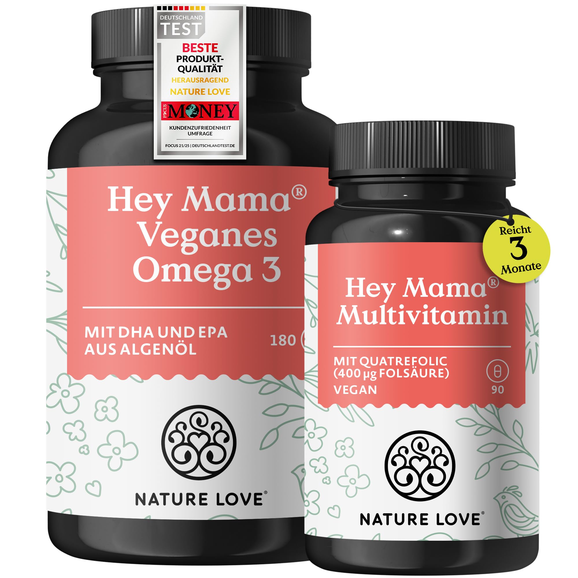 NATURE LOVE® Hey Mama Schwangerschaftsvitamine - von Kinderwunsch bis Stillzeit - 3 Monate Reichweite - Folsäure, Omega 3, Vitamine, Mineralstoffe - vegan - laborgeprüft & in Deutschland produziert