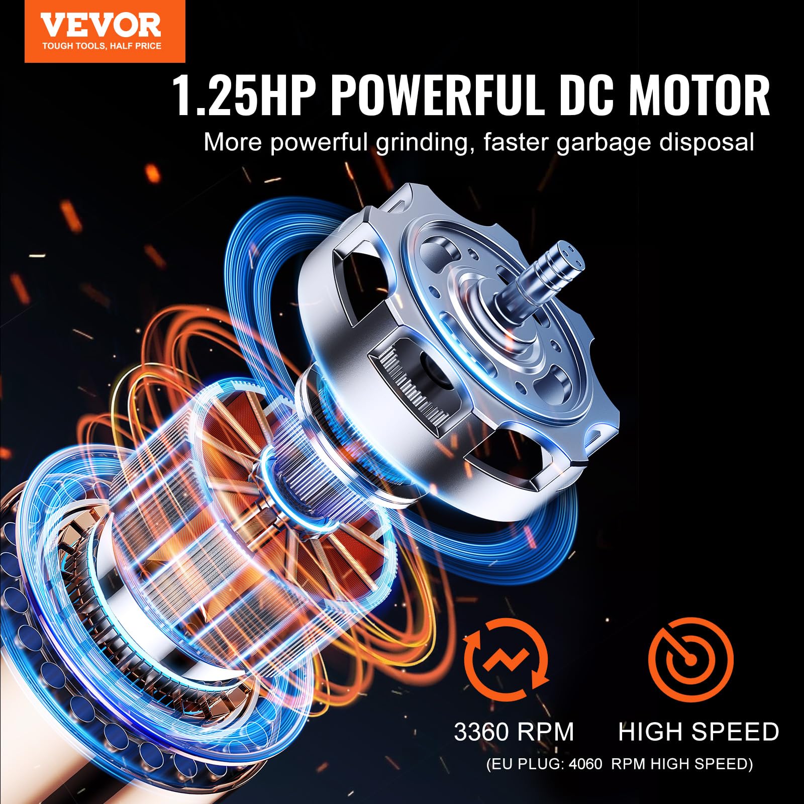 VEVOR Broyeur à Déchets d'Évier 1,25 CV 4060 tr/min Montage EZ