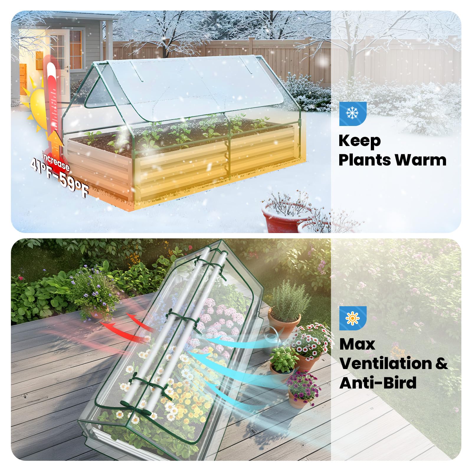 Quictent Raised Garden Bed with Cover Outdoor Galvanized Metal Planter Box Kit, w/ 2 Large Screen Windows Mini Greenhouse 20pcs T Tags 1 Pair of Gloves Included for Growing Vegetables 6x3x1ft (Clear)