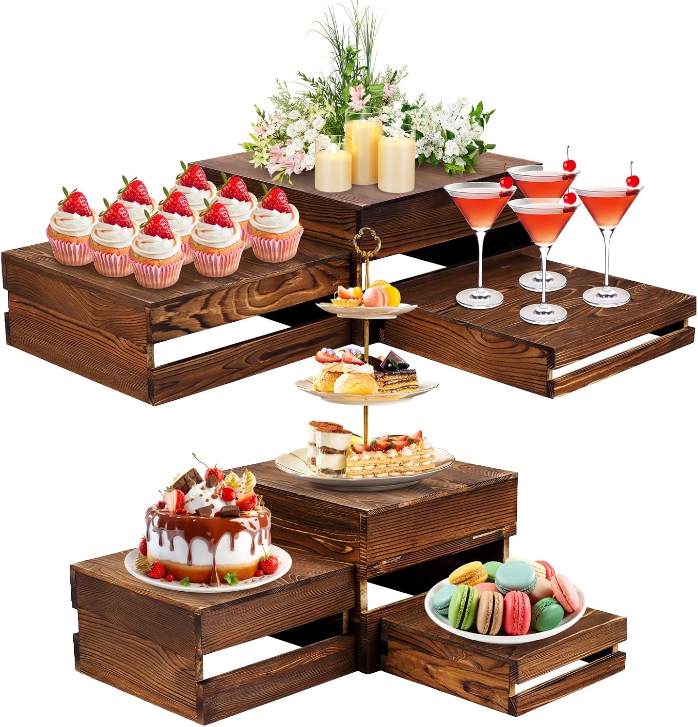6 Pack Wooden Crates for Display Wooden Risers Square Food Risers for Buffet Party Rustic Wood Cake & Cupcake Stands
