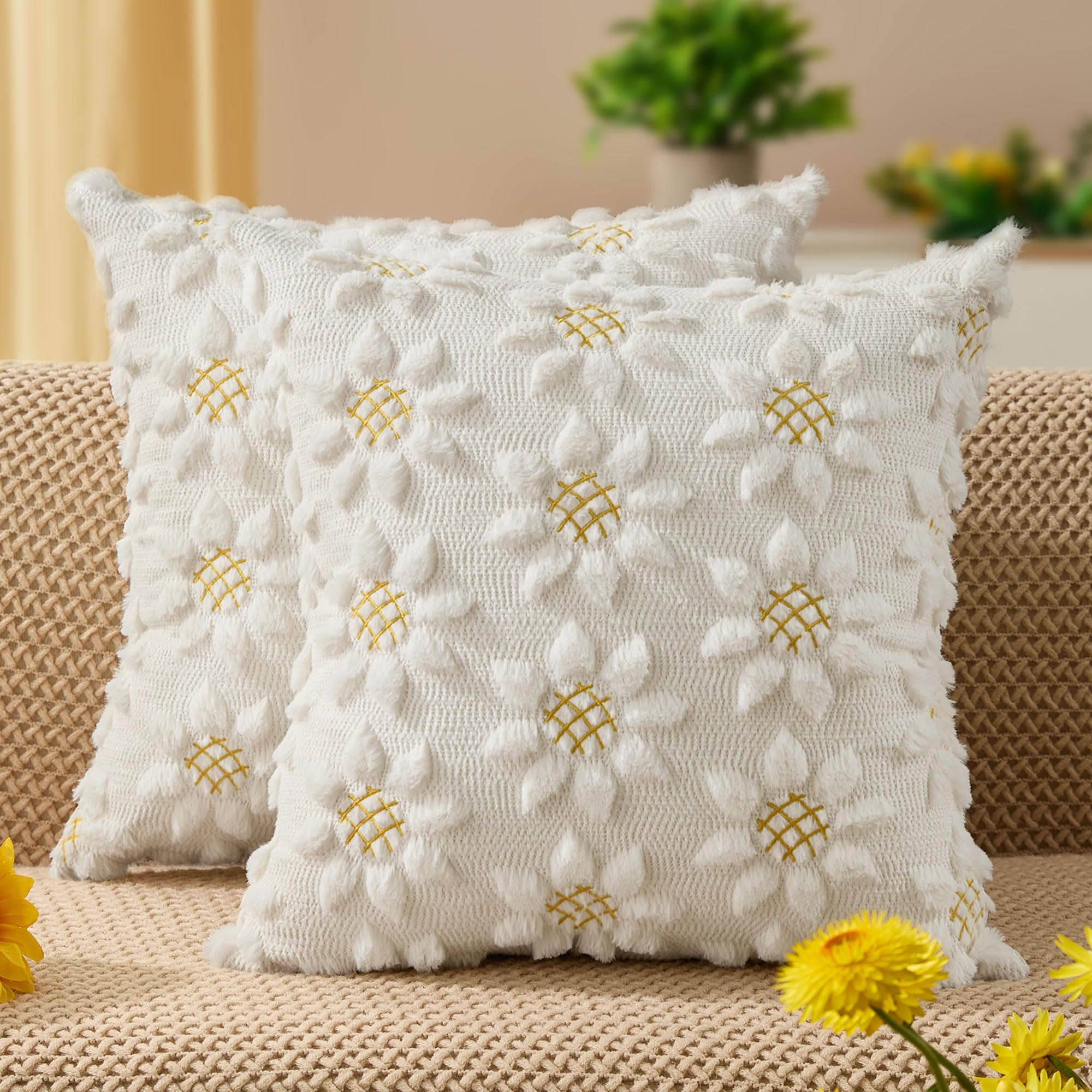 DFXSZ Spring Summer Pillow Covers 18x18 inch Set of 2 Farmhouse Decor Yellow Color Flower Heart Sunflower Soft Plush Faux Fur Jacquard Throw Pillows for Sofa Holiday Spring Home Decor PTK024C18