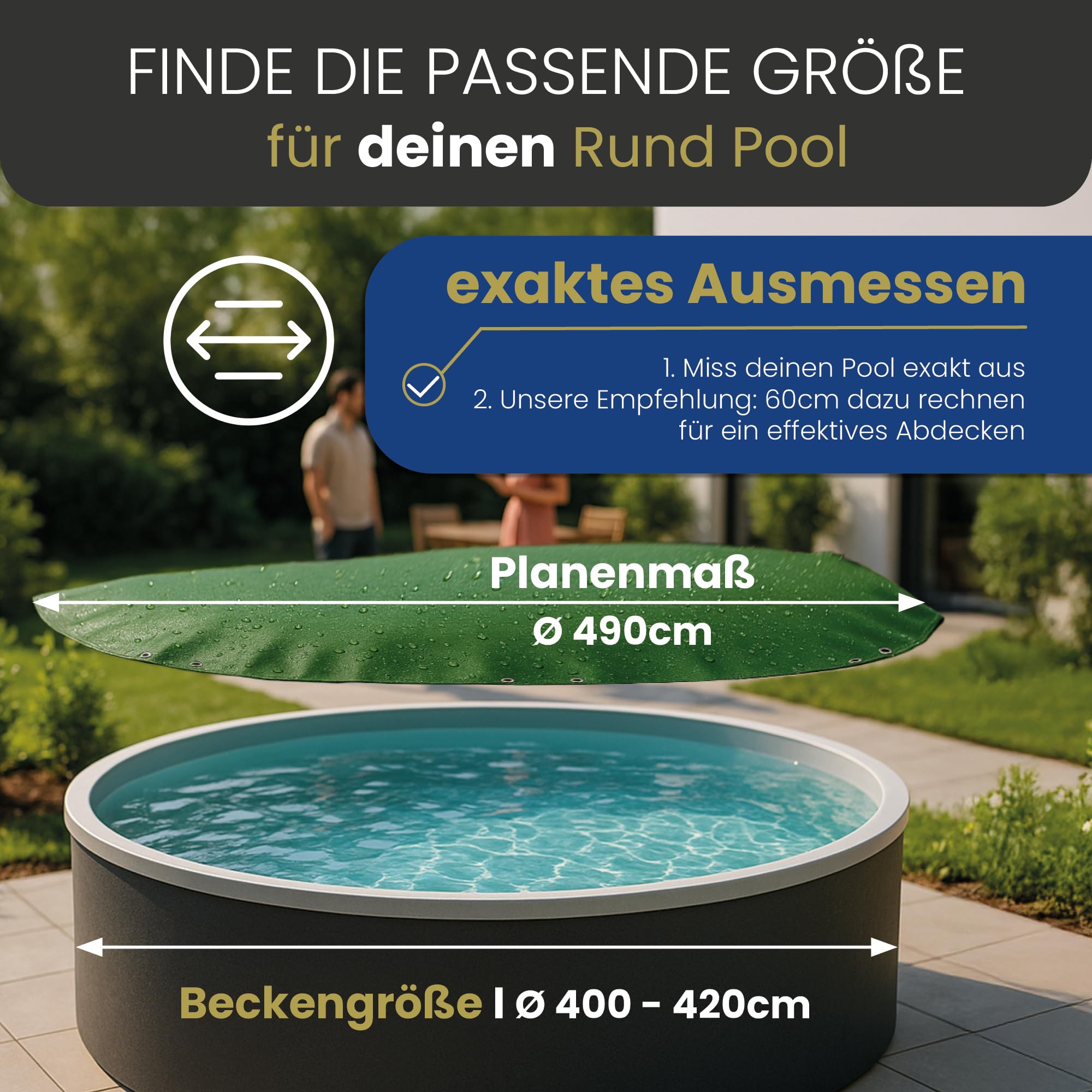 HAF - Poolabdeckung Rund für Pools Ø 400-420 cm (Planenmaß Ø 490 cm) – Winterfeste Abdeckplane zur Schwimmbadabdeckung im Sommer und Winter – Poolplane (Winterabdeckung) aus wasserdichtem PE 110 g/m²