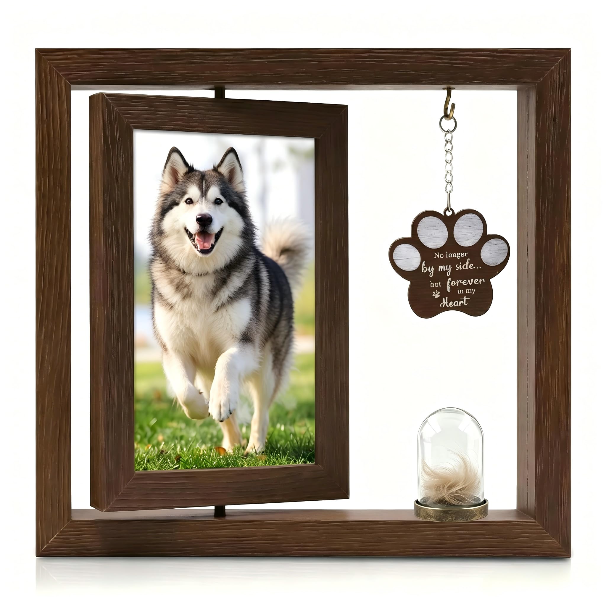 Wooden Pet Memorial Photo Frame - Rotating Double Picture Frame with Fur Glass Vial, Loss of Dog Remembrance Gifts, Pet Bereavement Keepsake for Dog Cat Hair, Bereavement Gift Box