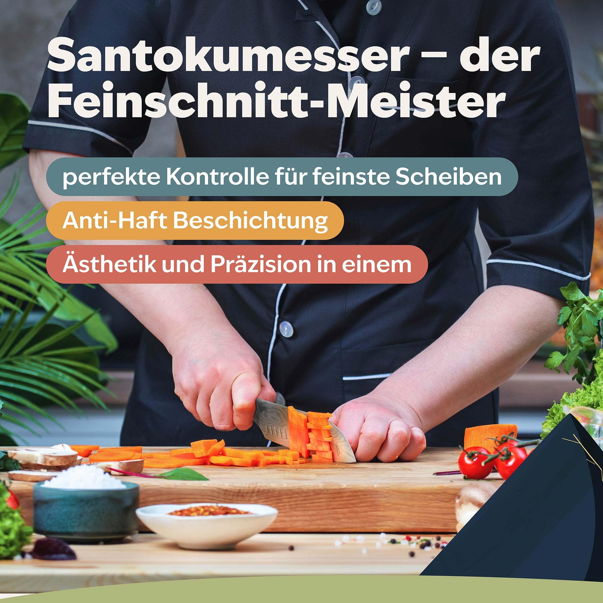 kjøk Premium Santoku-Messer 17 cm (7Cr-Stahl) mit Olivenholzgriff – extra scharfes Allzweck-Küchenmesser für Fleisch, Fisch und Gemüse – asiatisches Kochmesser mit Schutzhülle, nur 177 g