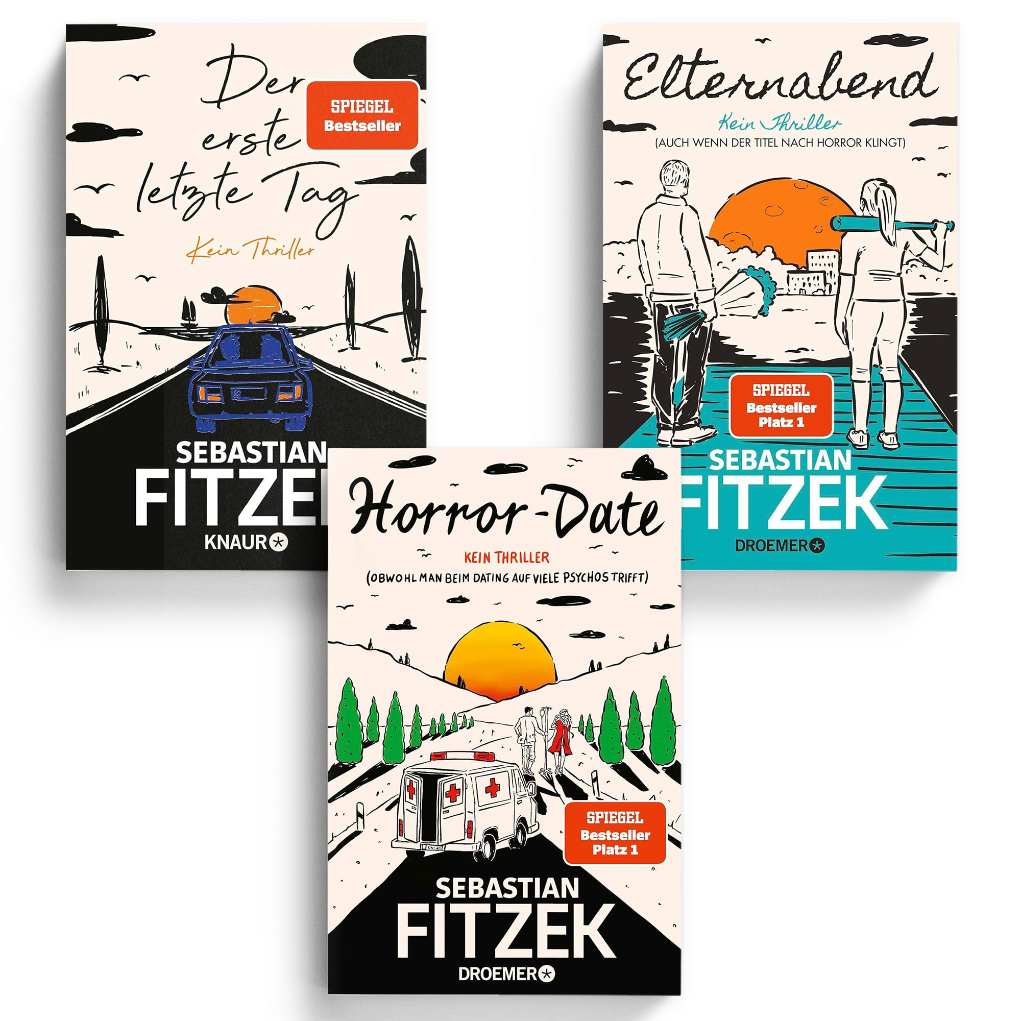 Sebastian Fitzek „Kein Thriller“ Bücher Set – 3 Bestseller Romane: Horror-Date (neu Erscheinung), Elternabend & Der erste letzte Tag - Humorvolle Bücher + exklusivem Design-Lesezeichen