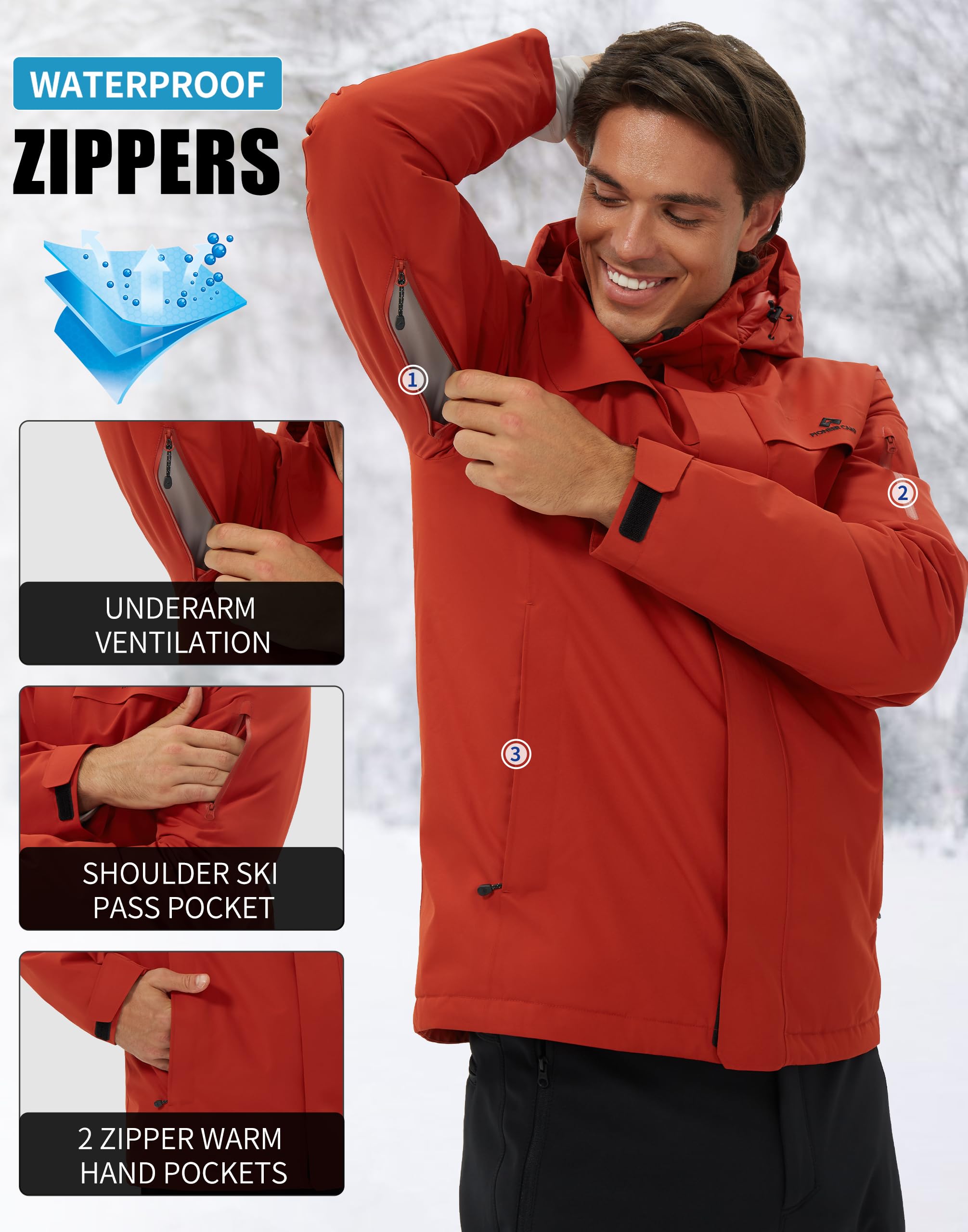 Giacca da sci da uomo, impermeabile, calda, traspirante, da snowboard, con cappuccio