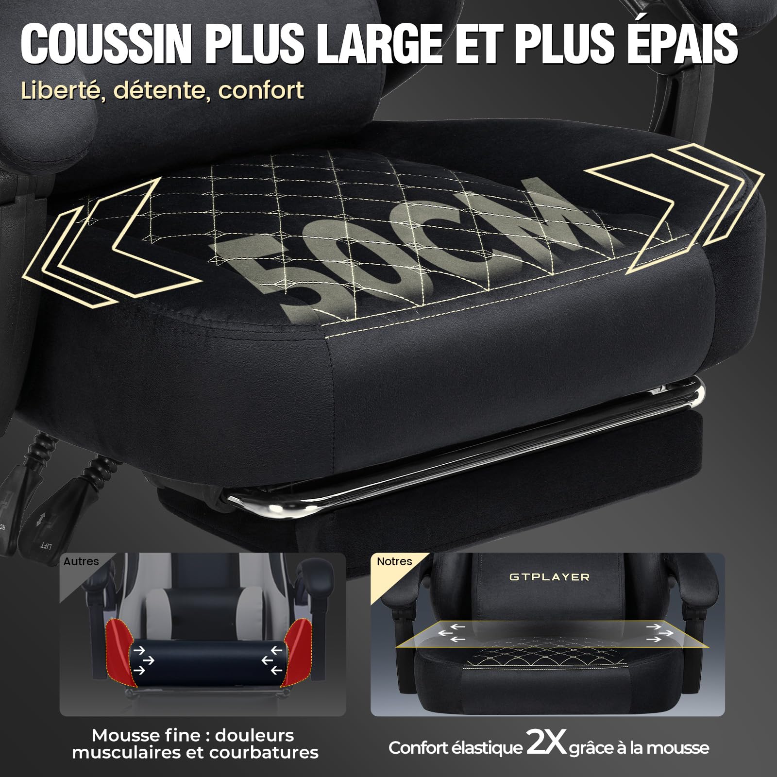 GTPLAYER Fauteuil Gaming Tissu Ergonomique Chaise de Bureau PC, 150 kg, RéGlable et Pivotante avec Coussin D'Assise à Ressorts et Repose-Pieds, Noir