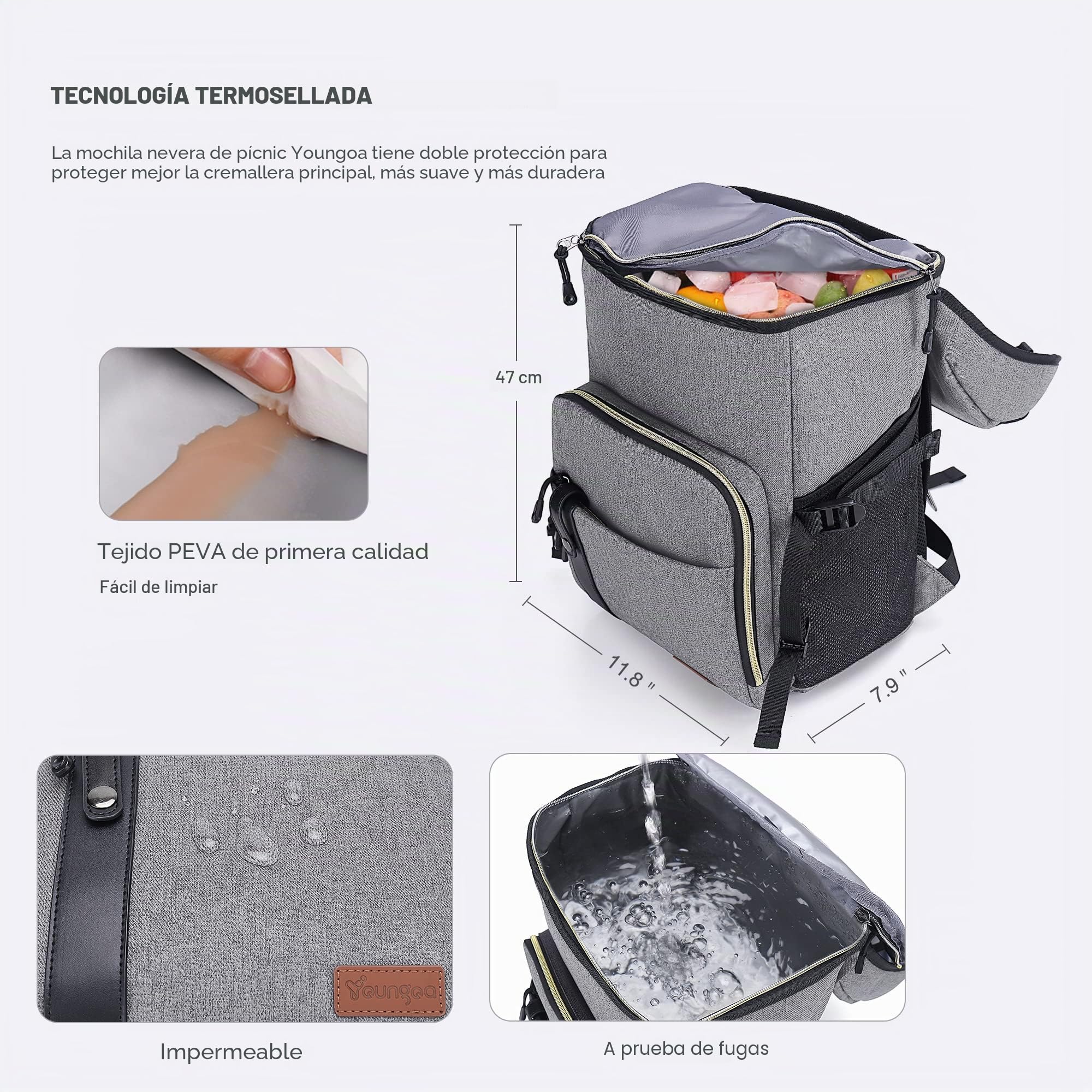 Mochila Nevera Isotermica 30L, Gran Capacidad Nevera Mochila Bolsa Térmica, Impermeable Mochila Picnic Portatil para Familiares la Playa/Picnic/Camping/Barbacoa/Senderismo Gris Claro