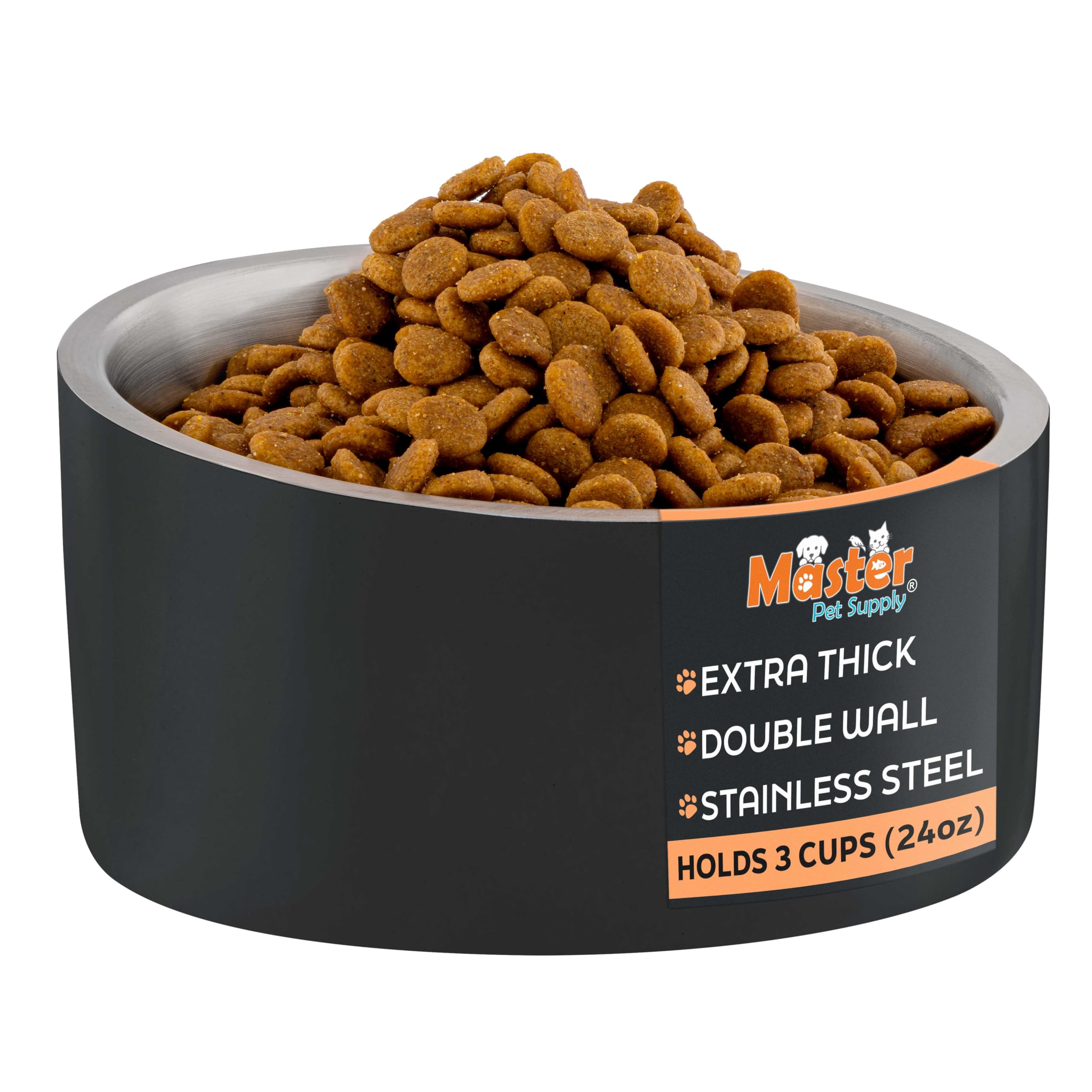 Master Pet Supply Stainless Steel Slanted Dog Cat Food Bowl - 24 oz Heavy Duty - Black Velvet, Double Wall Insulated, Non-Slip Elevated Bowl for French Bulldogs Pugs Cats, Anti Rust Dishwasher Safe