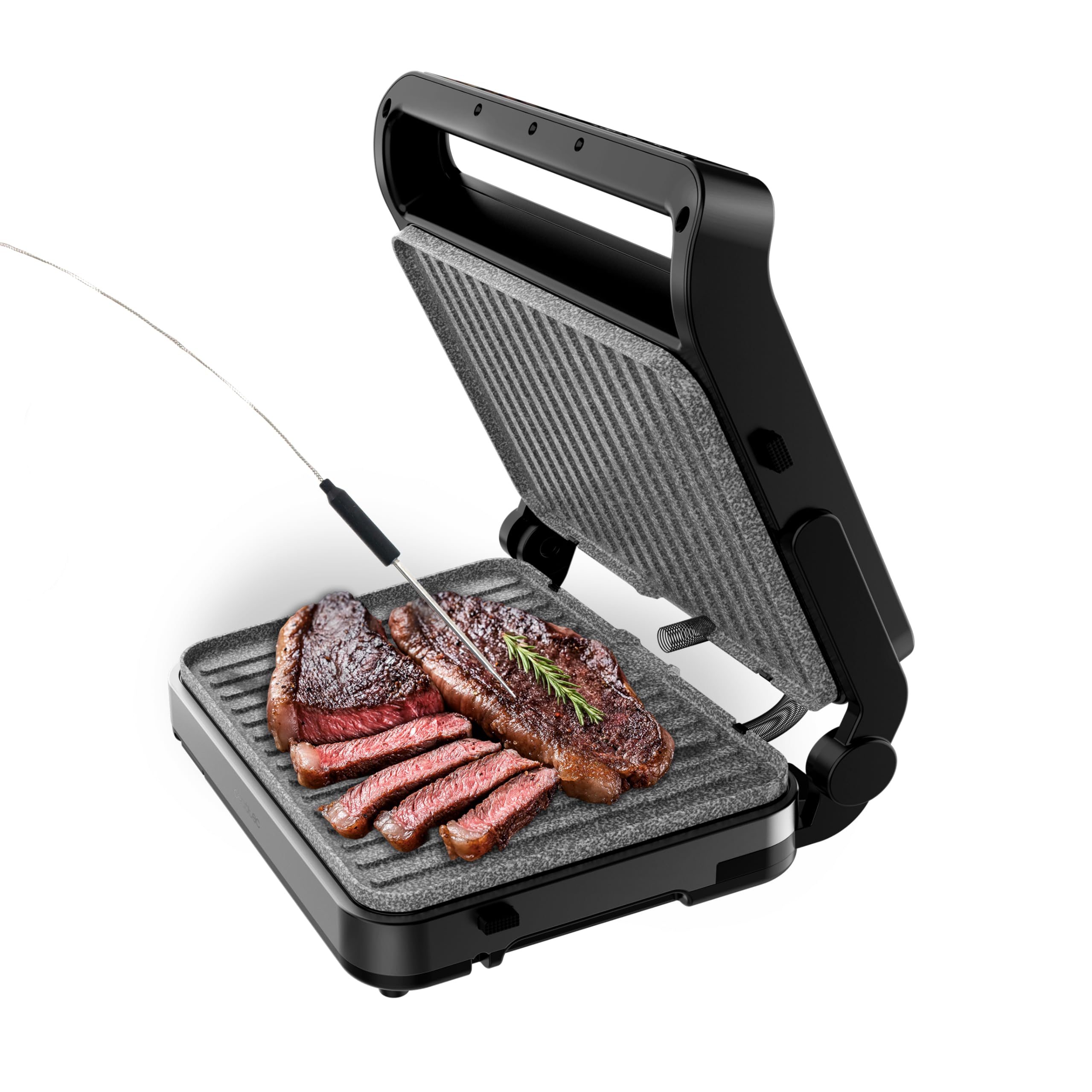 Cecotec Elektrogrill Rock'nGrill 2000 PerfectCook. 2000 W, Temperaturfühler, Touch-Steuerung, Dual-Temp, Öffnung 105 °C, Fettauffang, abnehmbare Platten, 30x23 cm, Edelstahl