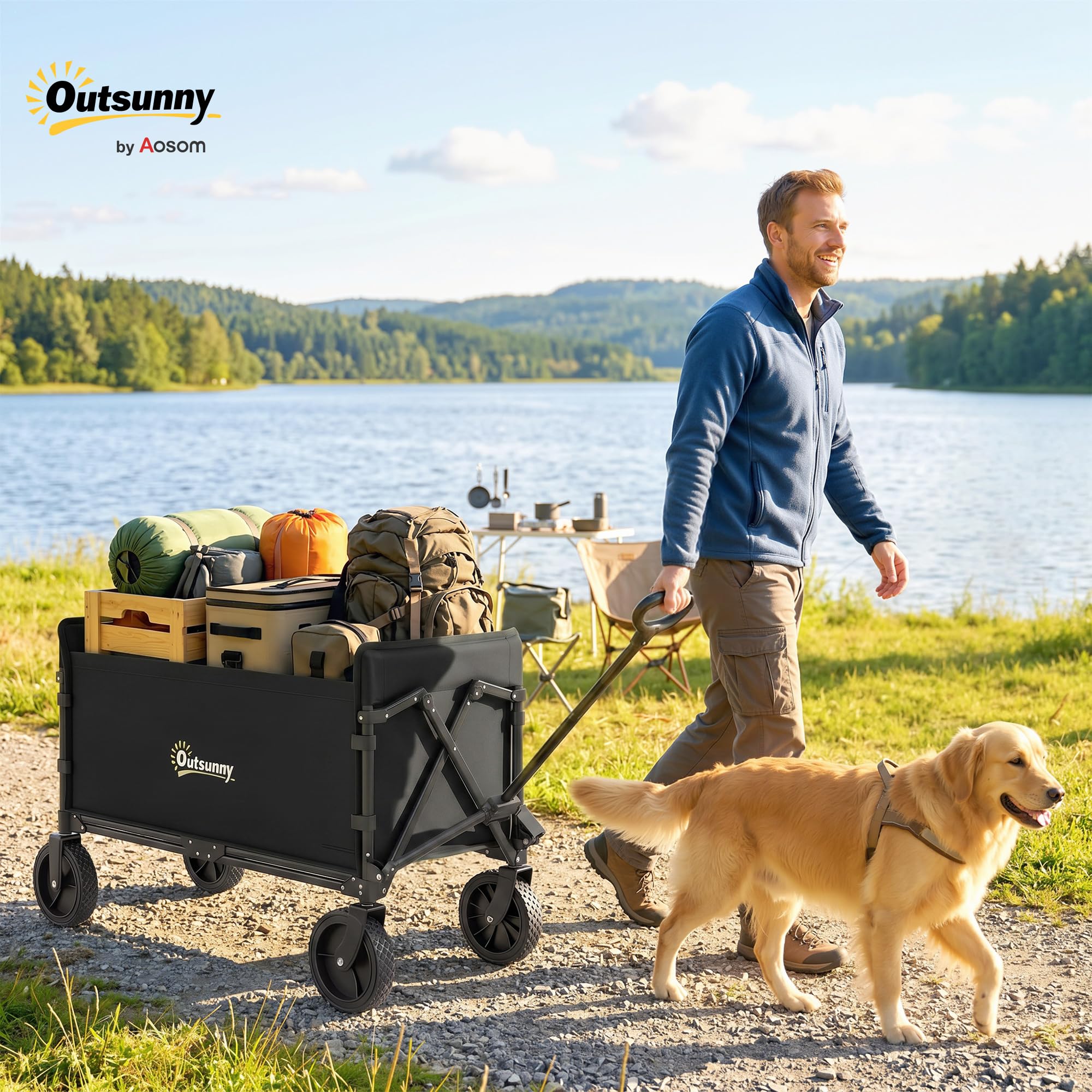 Outsunny Carrello da Giardino da 180L con 4 Ruote Girevoli, Carrello Spiaggia Pieghevole in Acciaio e Tessuto Oxford con Sacca Portaoggetti e Maniglia Girevole e Regolabile, 90x48x62 cm, Nero