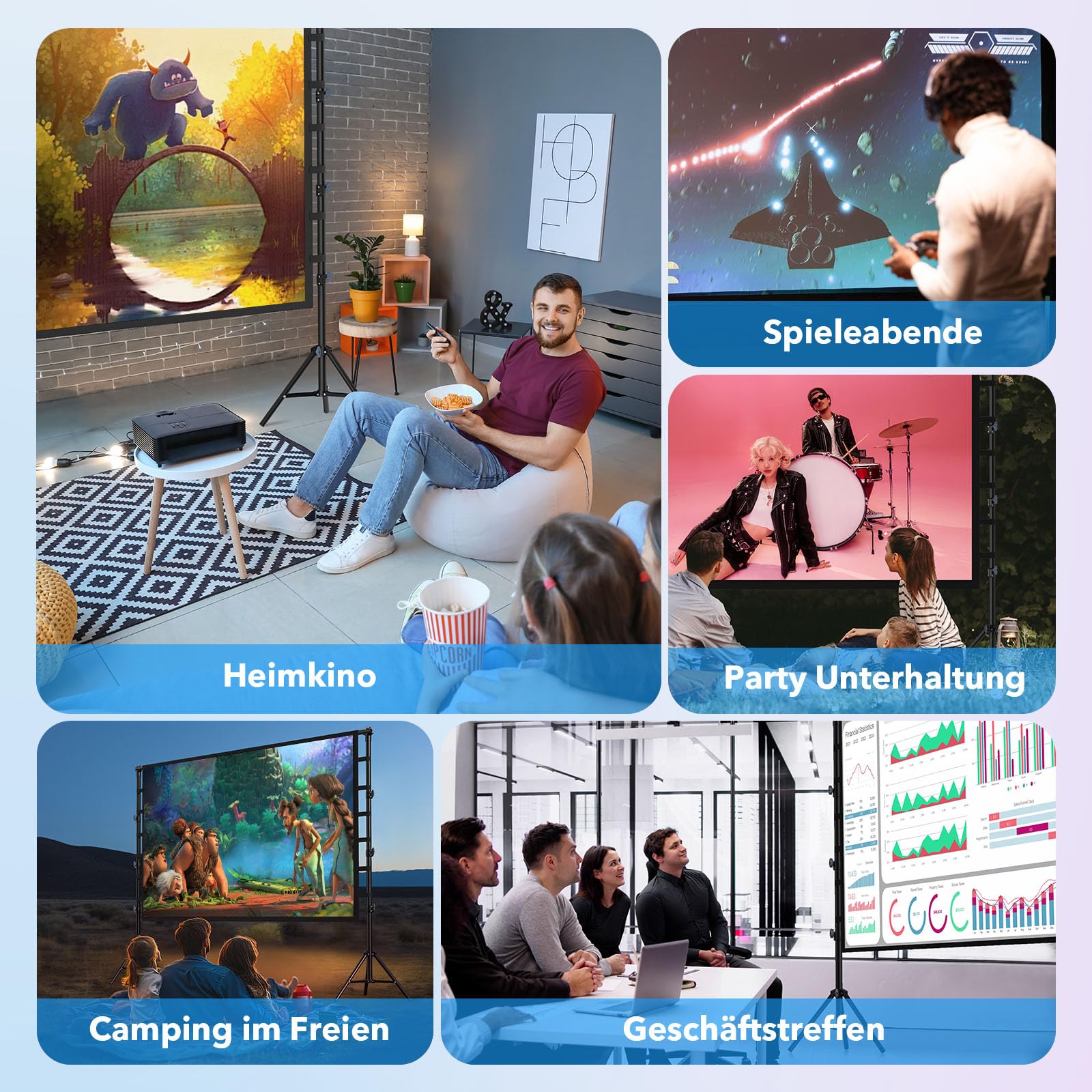 Outdoor Beamer Leinwand mit Stativ 150 Zoll: Tragbare Projektionsleinwand 16:9 4K HD, Kinoleinwand für Innen/Außen, mit Tragetasche & höhenverstellbarem Stand für Heimkino & Camping