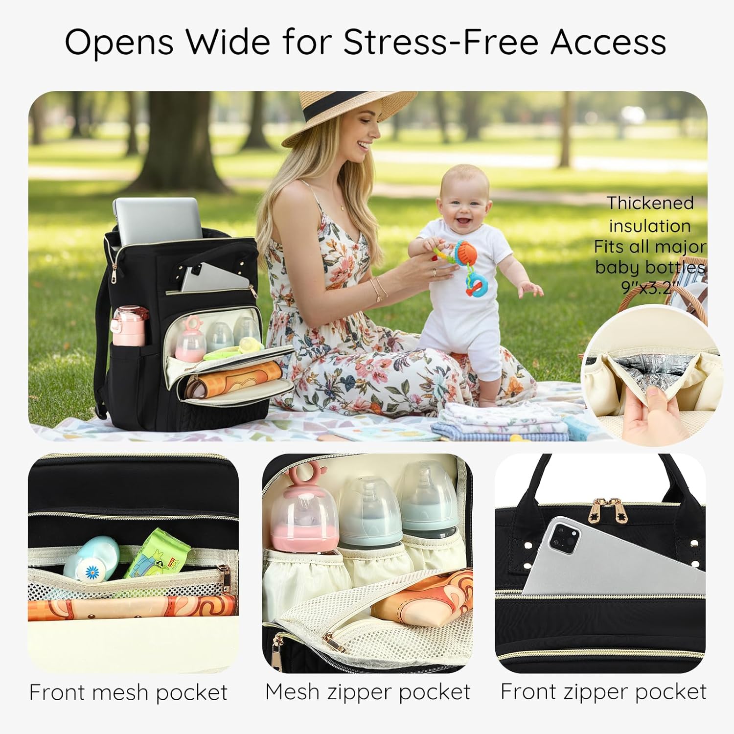 AIJIEKE Diaper Bag, Large Wide-Open Baby Diaper Backpack, Multi-functional Baby Travel Tote Bag, Diaper Bag with Changing Pad, Diaper Bags for Mom & Maternity (Black) - Image 5