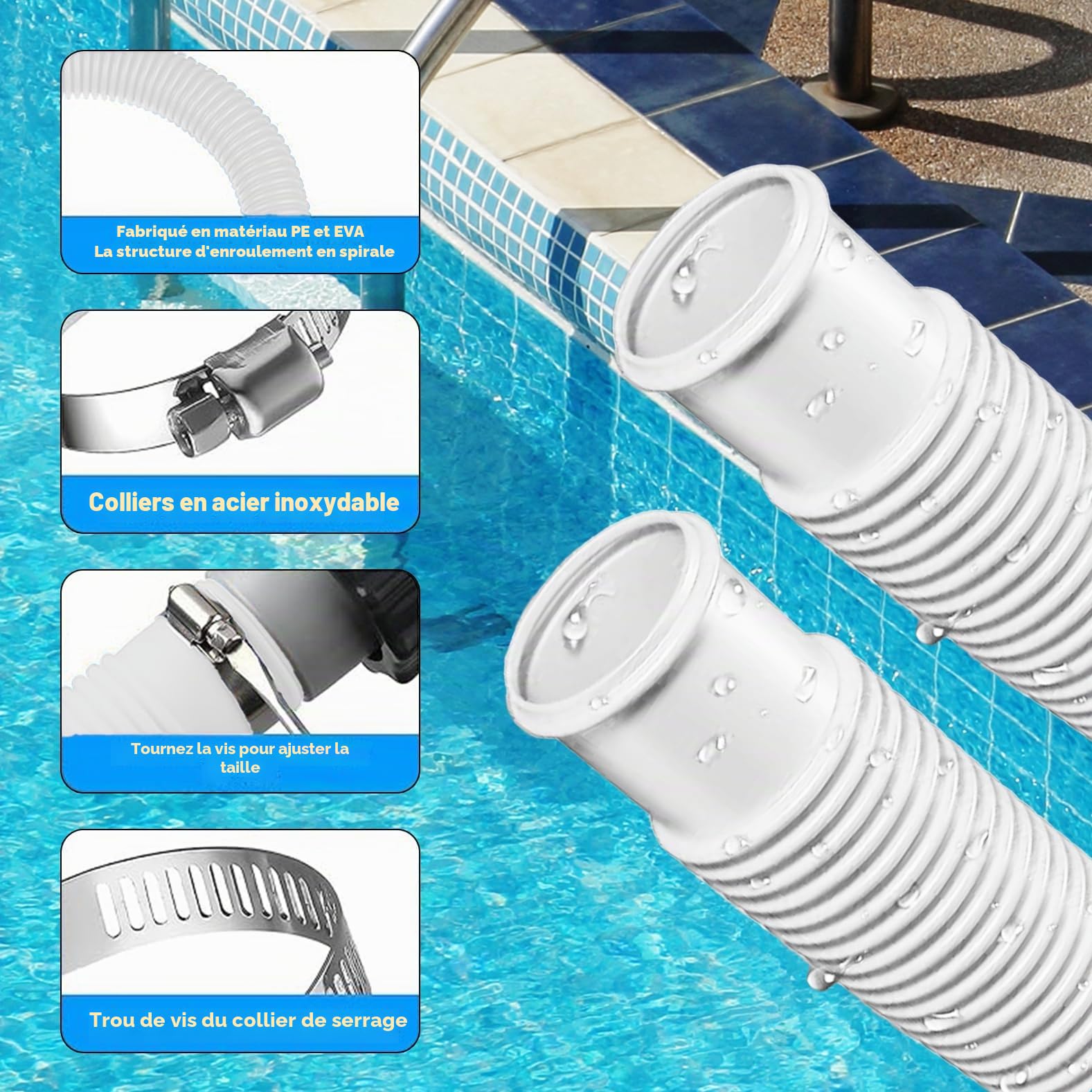 Lot de 2 tuyaux de piscine de 32 mm pour pompes de piscine avec 4 clips de sécurité et 1 raccord de tuyau, idéal pour les pompes de filtre, les nettoyeurs de piscine, les chauffages de piscine et les
