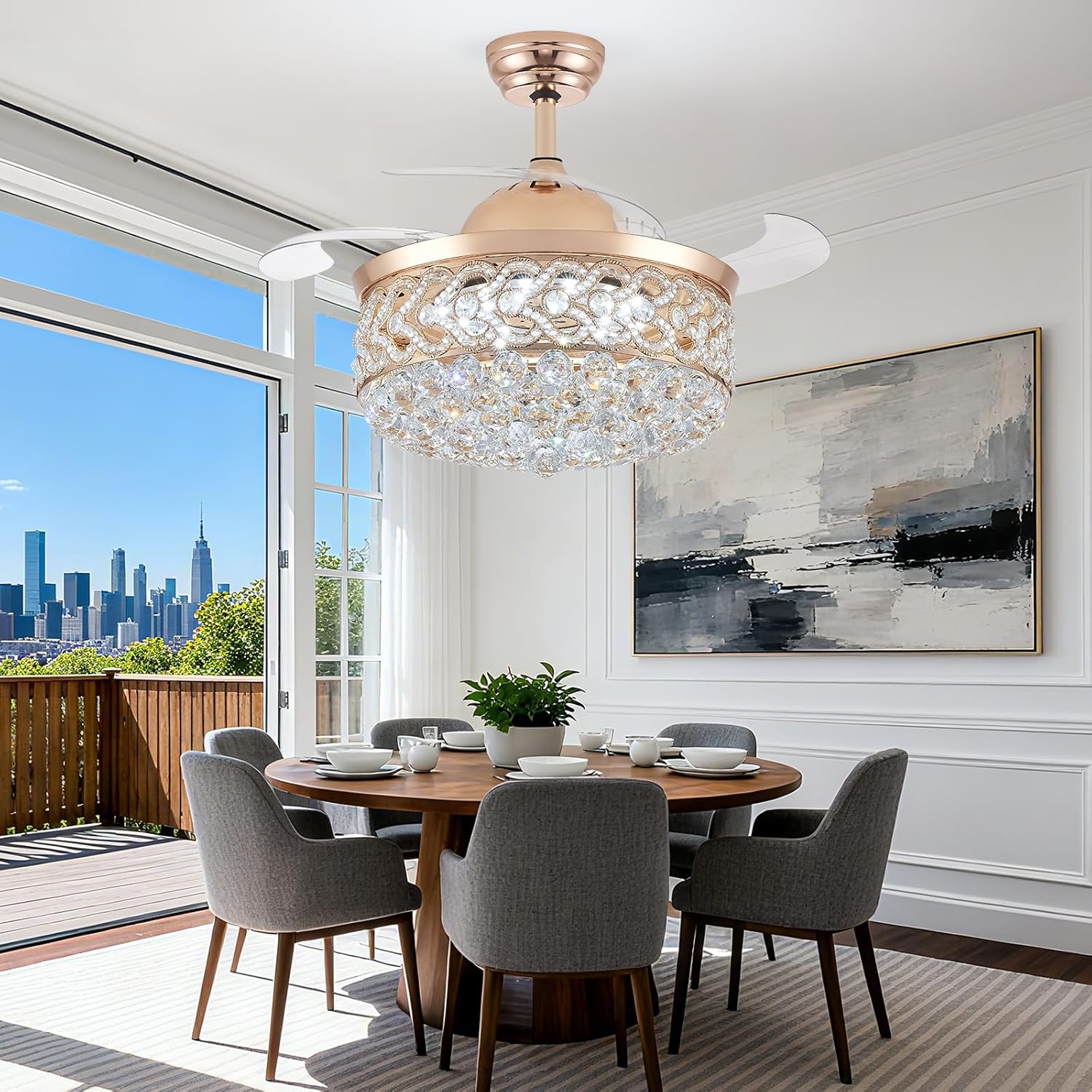 Crystal Fandelier Ceiling Fan with Light and Remote Dimmable 500-6500K Retractable Blades Chandelier Ceiling Fan with Memory Function Modern Ceiling Fans with Lights for Bedroom 42 Inch Gold