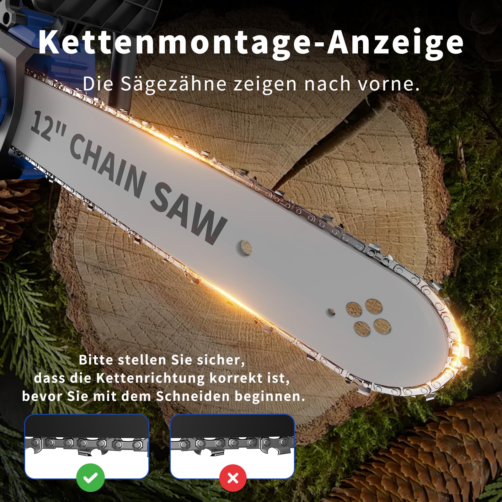 NANWEI Akku Kettensäge 12 Zoll mit 2x 4.0Ah Akku, kabellose Elektrosäge, ausgestattet mit einer Bremsklappe, bürstenlosem Motor (Mit 2 Batterie)