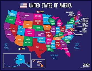 Map of USA States and Capitals Poster - Laminated, 17 x 22 inches - Colorful United States Map for Kids - North America, US Wall Map