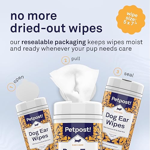 Miniatura 8 de Petpost  Toallitas limpiadoras de orejas grandes para perros - 60 almohadillas de algodón ultra suaves XL en solución de aloe de aceite de coco -