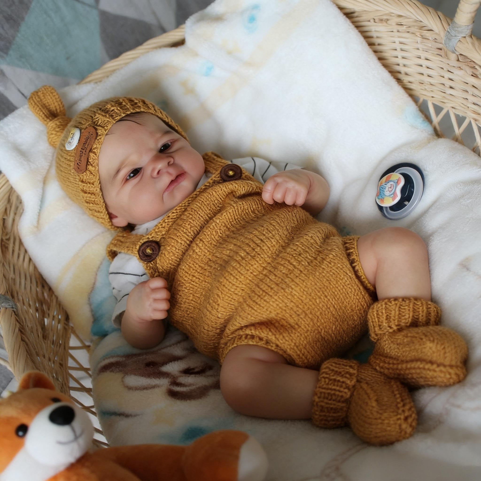 RXDOLL Reborn Baby Junge Offene Augen Vollsilikon Lebensecht, 43 cm Silikon Baby Puppe, Reborn Puppen Lebensecht, Lebensechte Babypuppen Junge Mit Zubehör