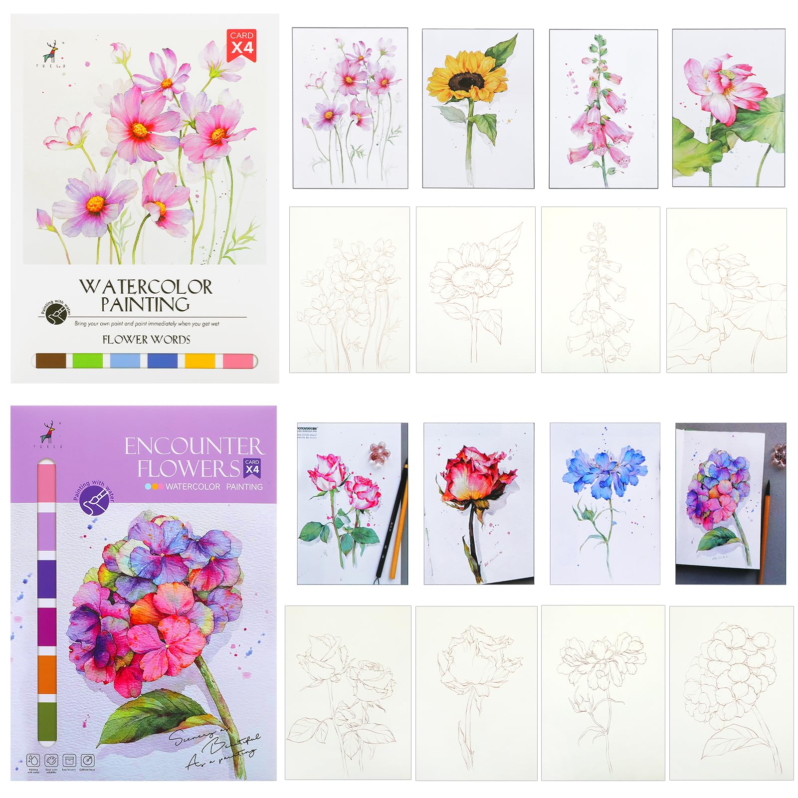 Watercolor Coloring Book A4 (11.4 X 8.3) 8 Sheets Floral Watercolor Books for Adults Glue Bound 100% Cotton Paper Water Color Paper for Watercolor Drawing Mixed Media Paint Paper Art Painting