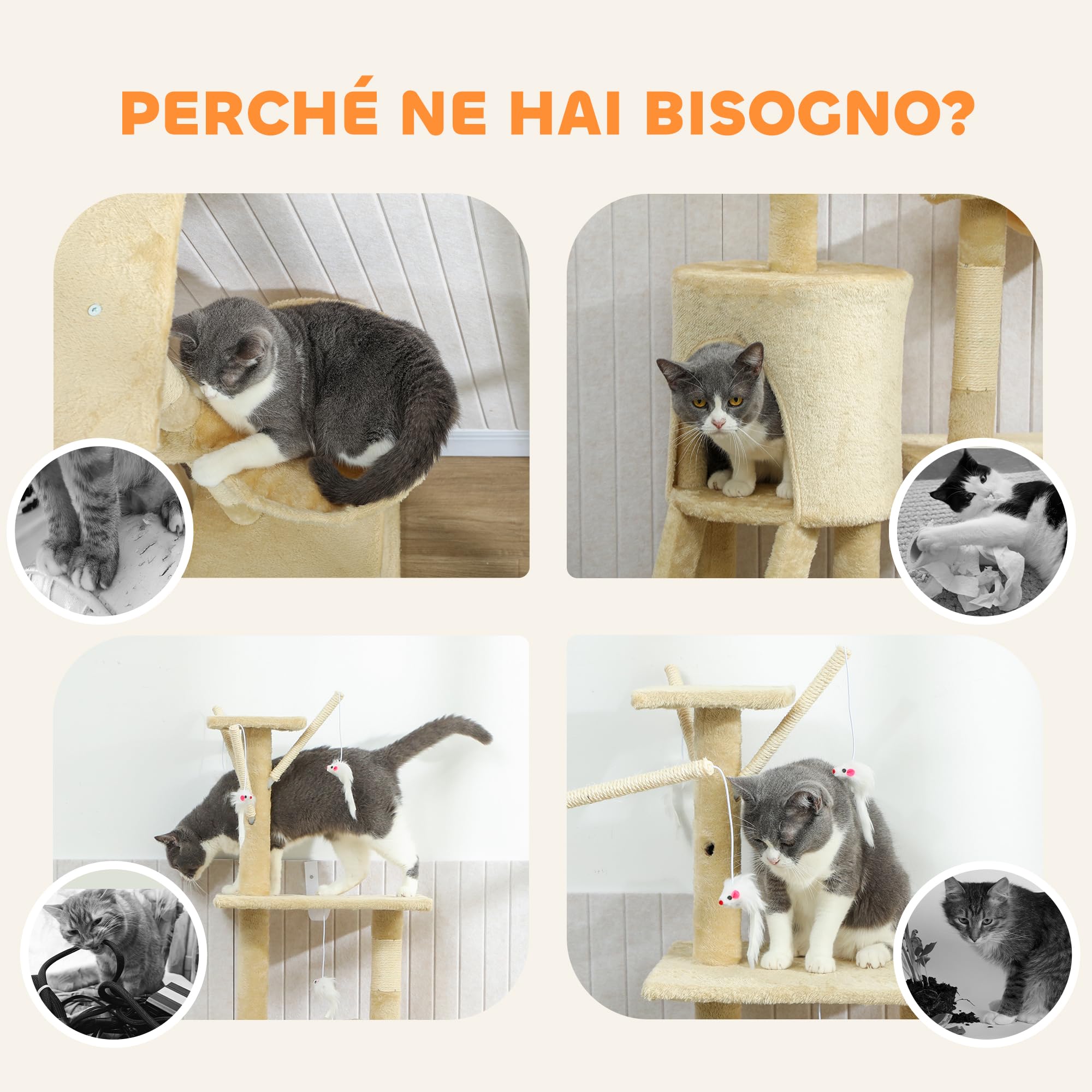 PawHut Albero Tiragraffi con Cuccia per Gatti in Legno Sisal Naturale, Beige, 40x30x131cm | Albero per Gatti Multilivello, 3 Pali Graffiatoi in Sisal, 4 Topolini Appesi, Piattaforme, Scala, Torre per Gattini, Peluche
