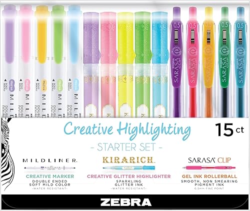 Zebra Pen Creative Highlighting Starter Set incluye 10 resaltadores y 5 bolígrafos de gel retráctil Sarasa, colores surtidos de tinta, paquete de 15