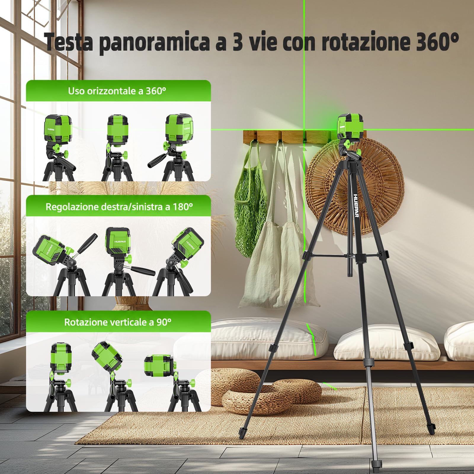 Huepar GK011DG Nivel Láser Autonivelante Verde con Trípode 1,52m, Línea Cruzada Horizontal/Vertical 110°, Alcance 30 m, con Bolsa, Gafas, Placa objetivo y 2 Pilas AA para Bricolaje, Casa, Carpintería