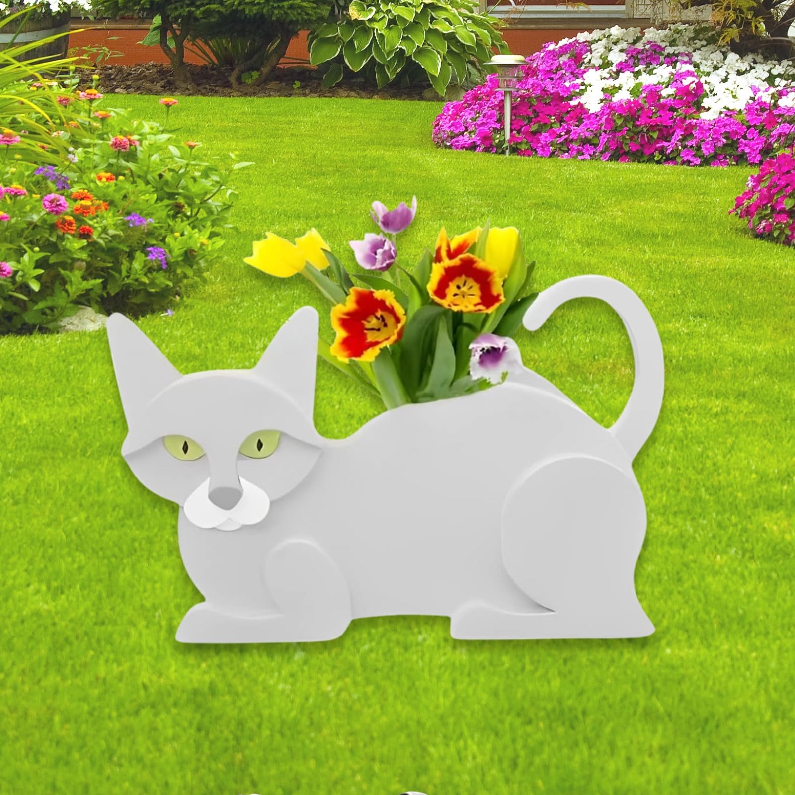 strolfay White Cat Planter Plant Pots,Cute Cat Flower Planter,Gifts for Pet Lovers,Unique Animal Plant Pots,Office,Indoor Outdoor Garden Decor（12.5 * 5.6 * 7.8in）