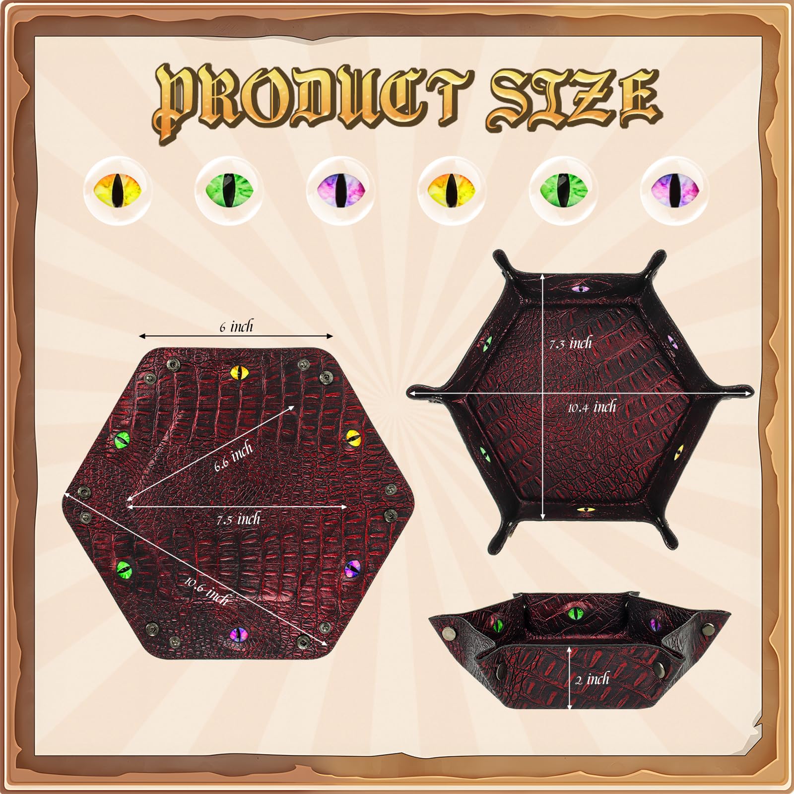 Byhoo Bandeja de Dados DND con patrón de cocodrilo, Bandeja Plegable Hexagonal rodante, Bandeja de Dados Que Brilla en la Oscuridad, Juegos de rol, DND y Juegos de Mesa (Rojo)