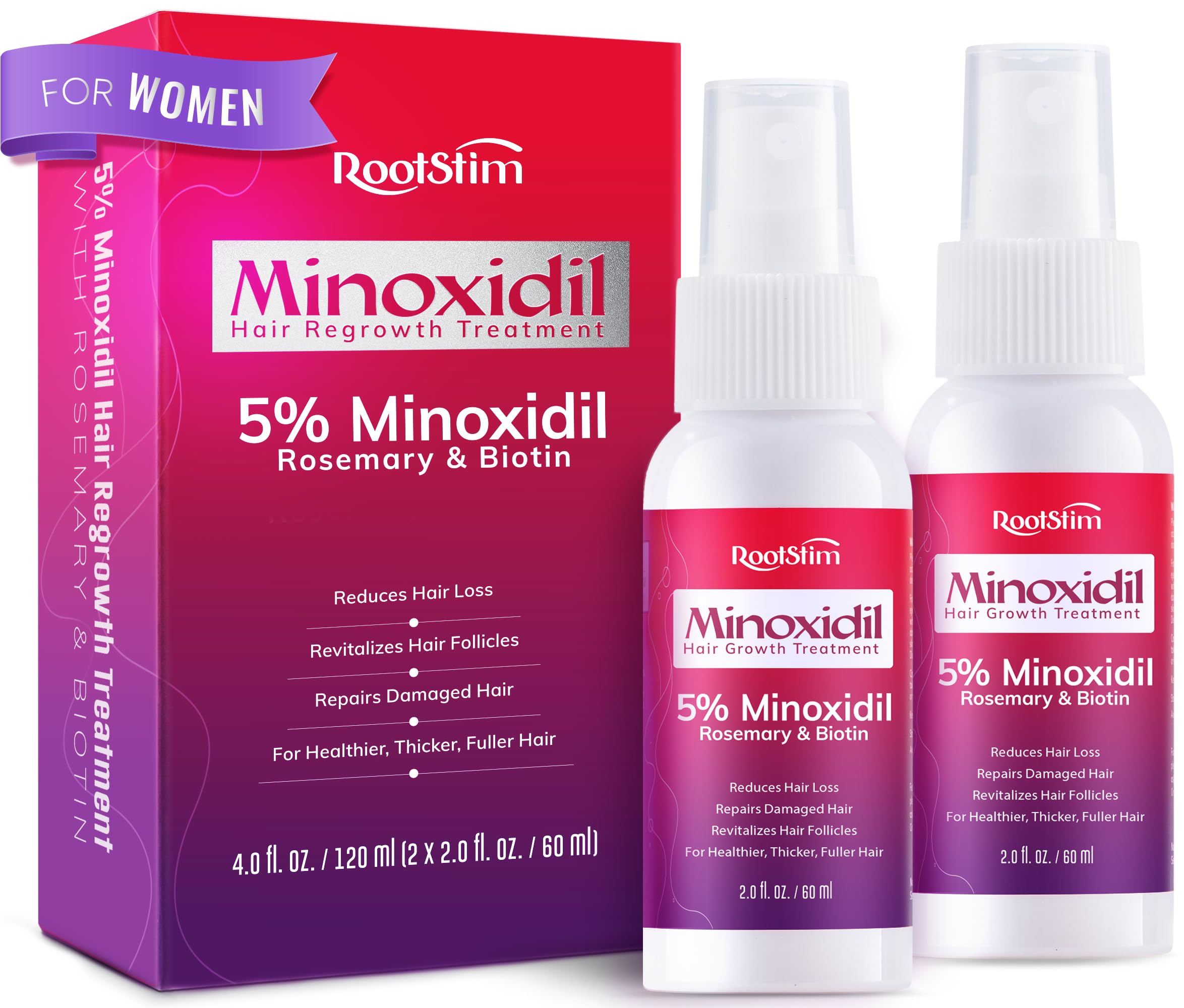 Women's 5% Minoxidil Spray for Hair Growth: 2-Pack RootStim Extra Strength Minoxidil with Rosemary & Biotin for Thinning Hair Regrowth and Fuller Hair