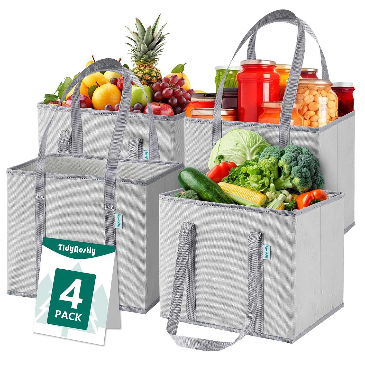 TidyNestly Reusable Grocery Bags Foldable 4-Pk, Heavy Duty Large Reusable Shopping Bags with Handles, Collapsible Tote