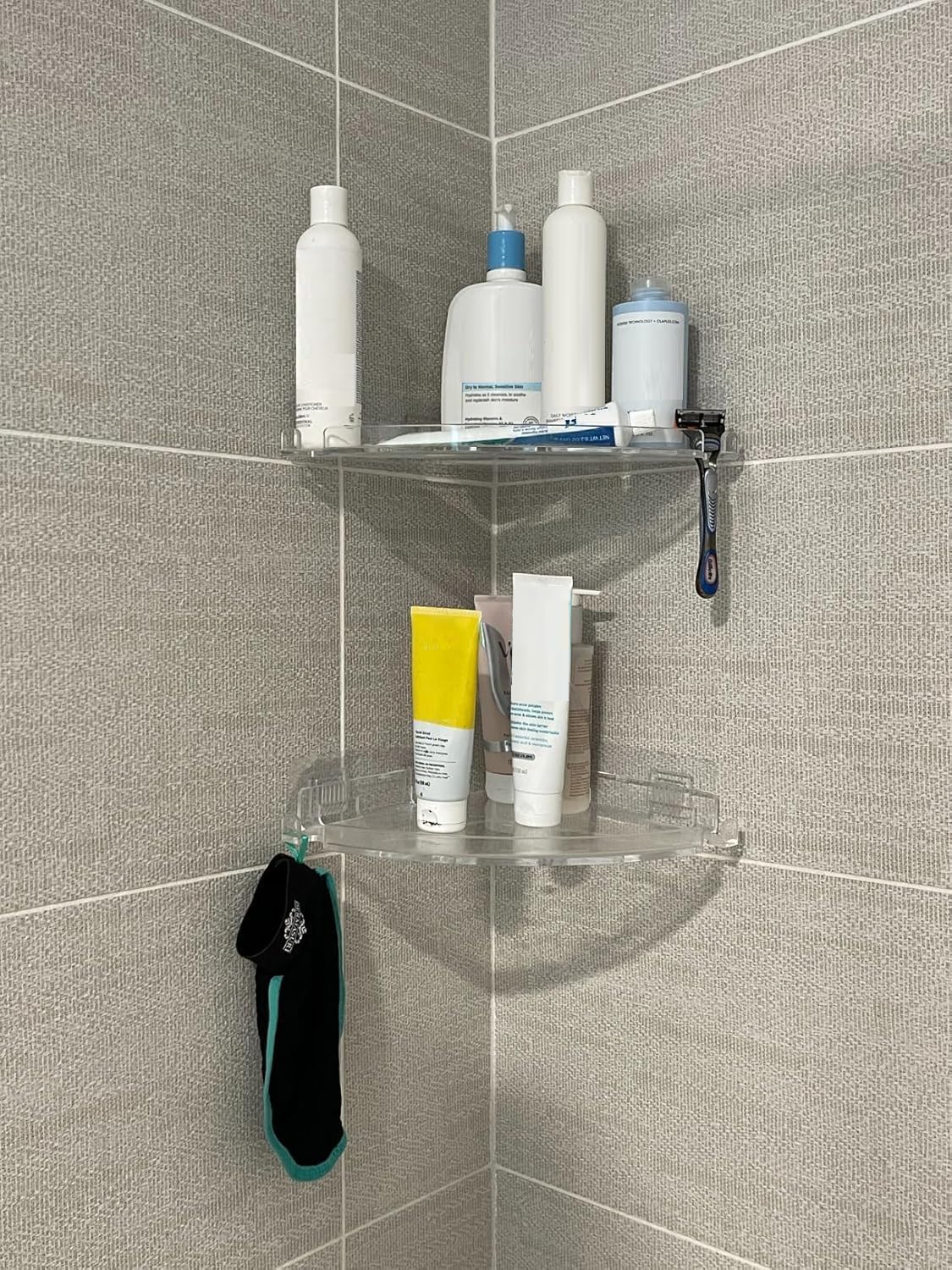 JiePai Acrylic Corner Shower Caddy Shelf with Hooks 2 Pack, Adhesive Wall Mounted Bathroom Shower Organizer for Inside Shower & Kitchen Storage, Space-Saving Design - Image 2