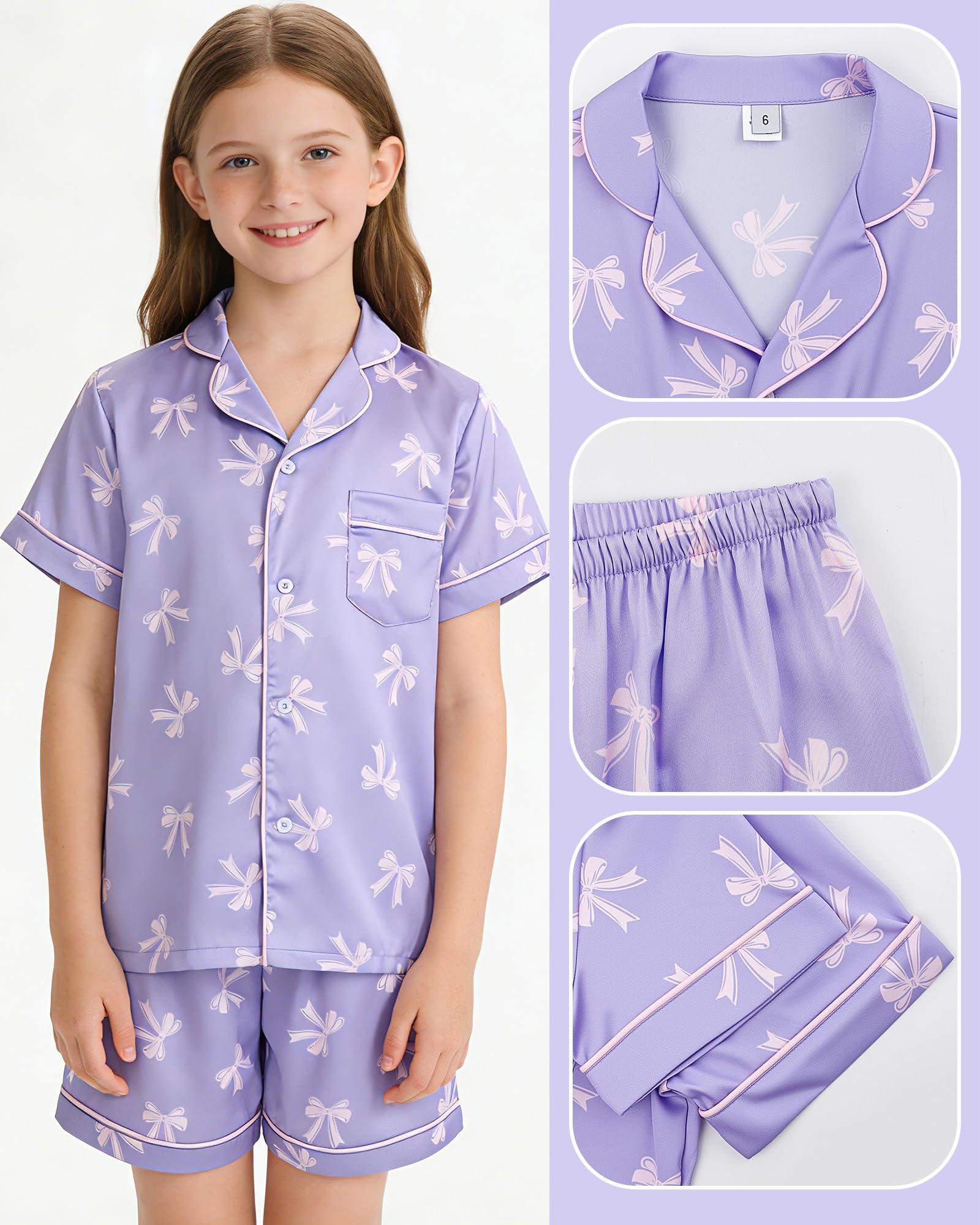 Satino Pigiami Due Pezzi per Bambina Maniche Lunghe Pyjamas Ragazza Sottile e Liscia Come la Seta