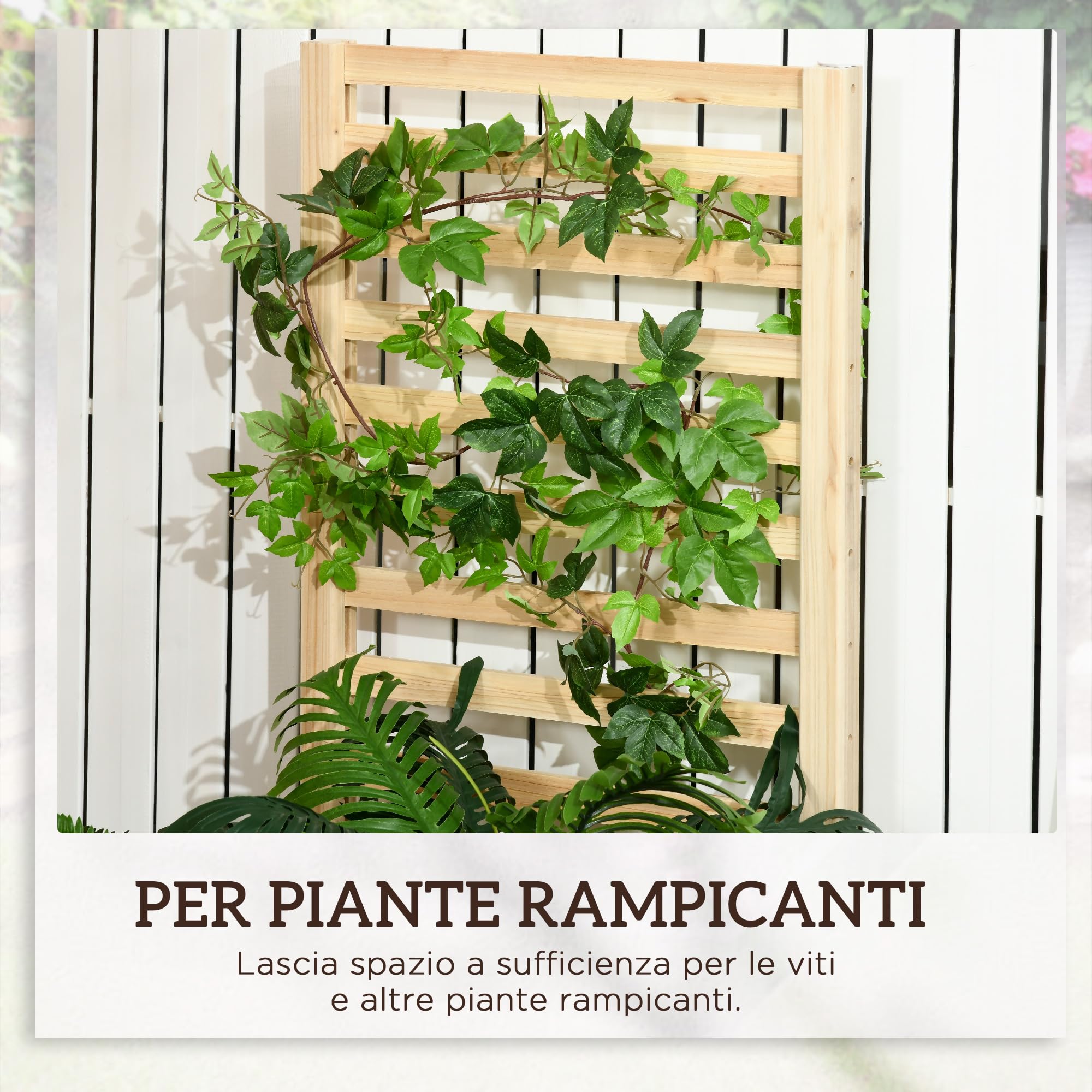 Outsunny Letto per Orto Rialzato da Esterno in Legno di Abete con 2 Fondo Aperto e Spalliera, Fioriera da Esterno con Grigliato per Piante Rampicanti, per Fiori, Piante, 230x60x110 cm, Color Legno