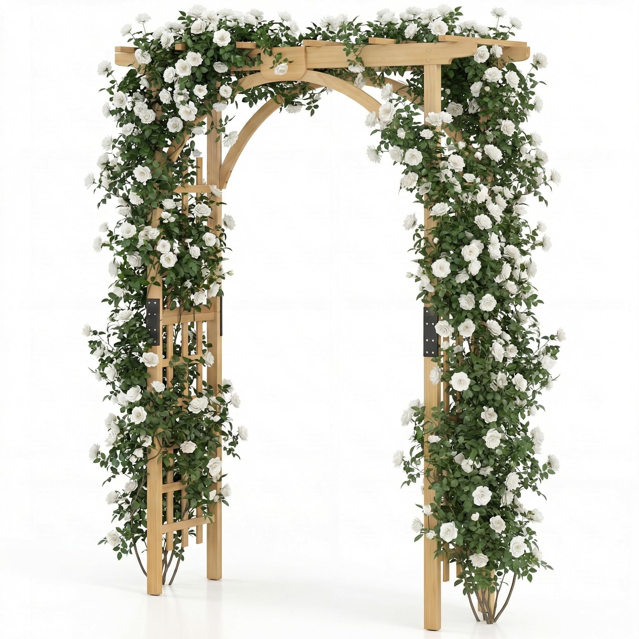 GYMAX Arche de Jardin en Bois Massif pour Plantes ou Fleurs Grimpantes, Arche en Treillis à Rosiers Lumières pour Décoration Extérieure de Fête Mariage, 134 x 213cm