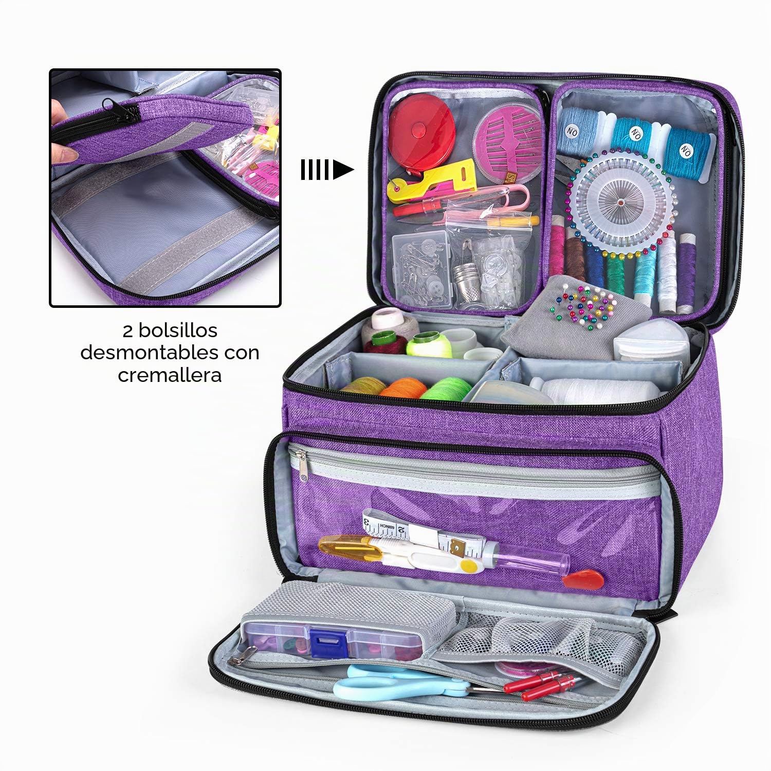 Luxja Bolsa para Kit de Costuracon 2 Bolsillos Transparentes Desmontables | Bolsa para Hilo, Agujas, Tijeras y Otras Herramientas de Costura (Solo Bolsa), Púrpura