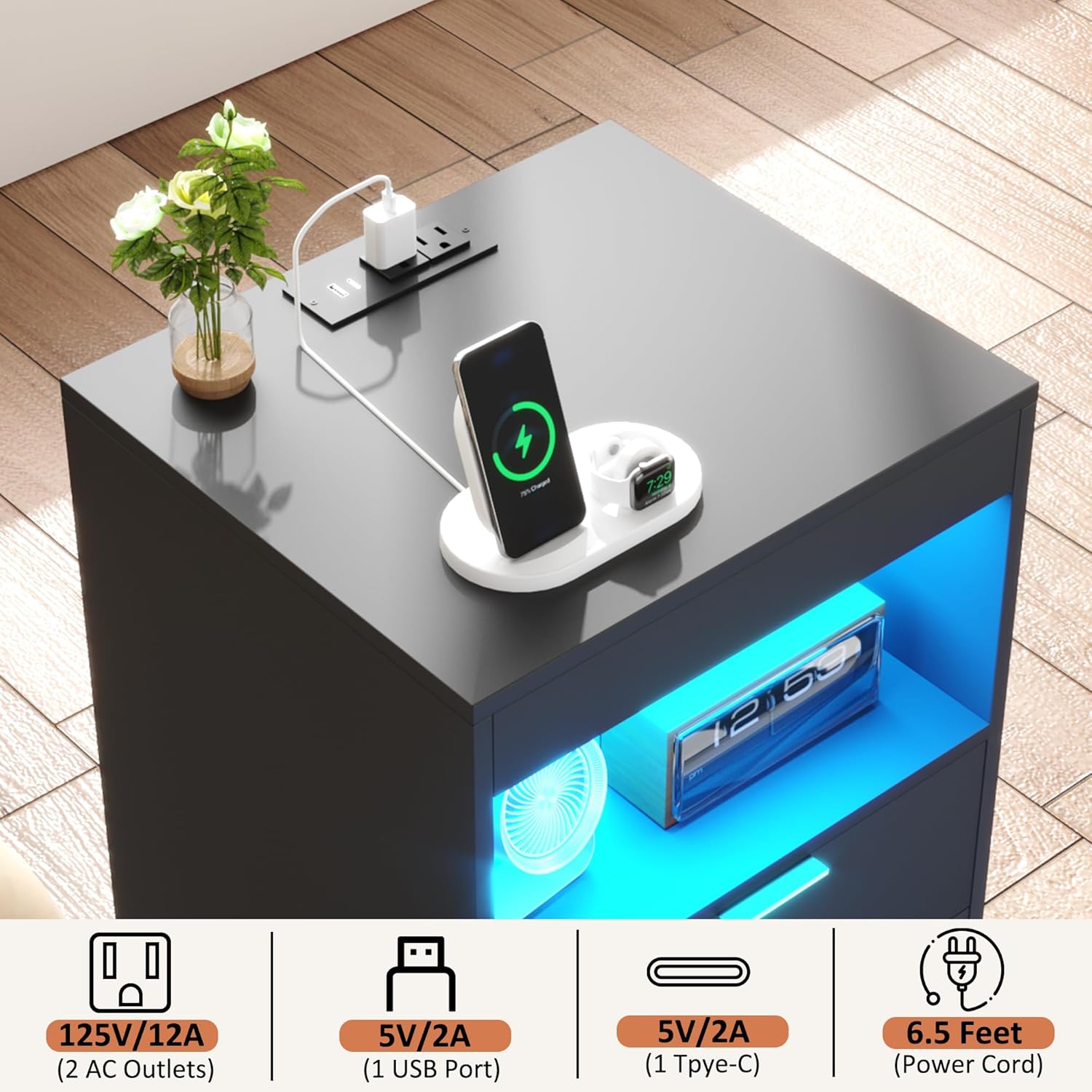 Gadroad Night Stand, LED Nightstand with Charging Station, Wood Bedside Table, End Table Sofa Couch Side Table with Pull-Out Shelf, Black