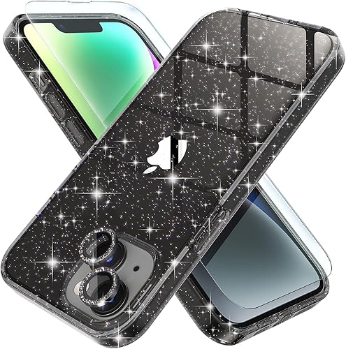 Choiche Bonita funda compatible con iPhone 14, funda transparente con purpurina brillante para mujer, 2 protectores de lente de cámara de diamante,