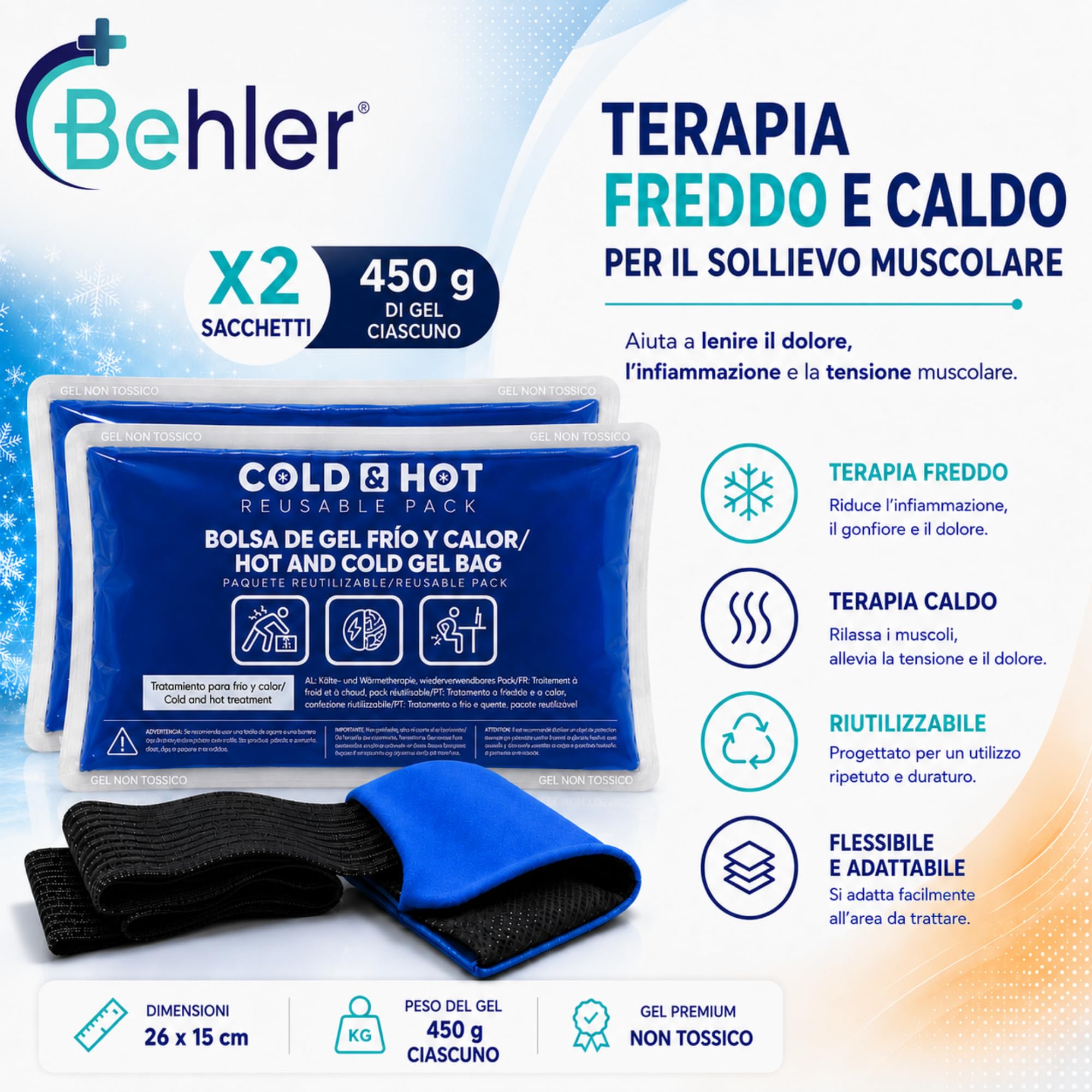 2 Ghiaccio Gel Riutilizzabile (26 x 15 cm) - Compressa fredda calda, Include 1 Copertura Multiposizione in Tessuto con Fascia di Compressione- Terapie caldo/freddo - Adatto per Microonde