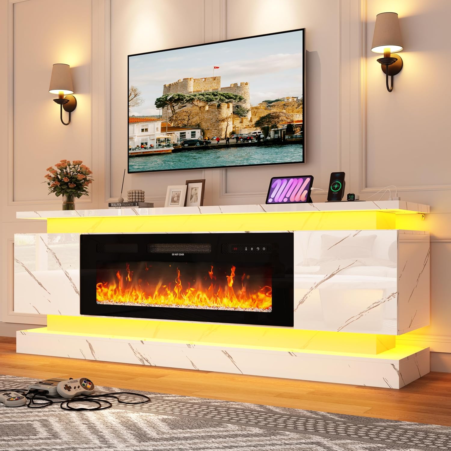 71" Fireplace Marble Tv Stand W/40 Fireplace,2 Led Light TV Consoles Stand for 85 inch TVs,Modern High Gloss Electric Fireplace Gaming Entertainment Center W/Power Outlets,for Living Room,White marble