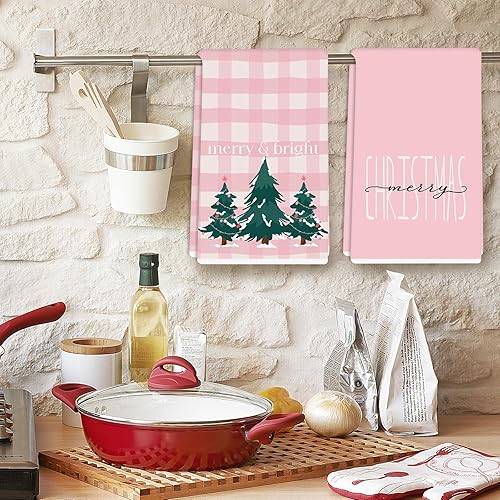 Miniatura 6 de AnyDesign - Toalla de cocina de Navidad rosa a cuadros, 18 x 28 pulgadas, toalla de té de secado a mano feliz y brillante para limpiar la cocina, 2