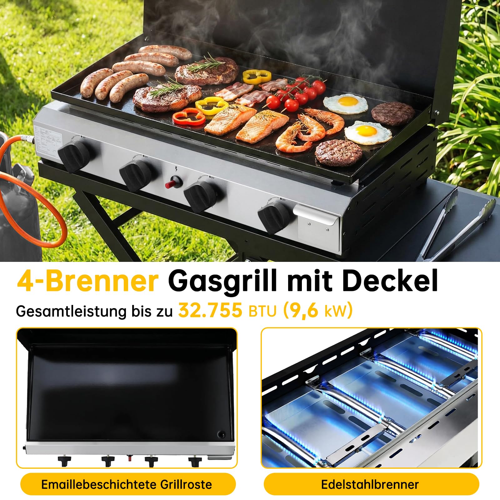 LIFERUN 4 Brenner Gasgrill Edelstahl(9.6kW) inkl. Grilltisch Klappbar, Tragbarer Tischgasgrill mit Separatem Grillständer, Gas Plancha Tischgrill mit Deckel & Grillwagen, für Camping, Terrasse, BBQ