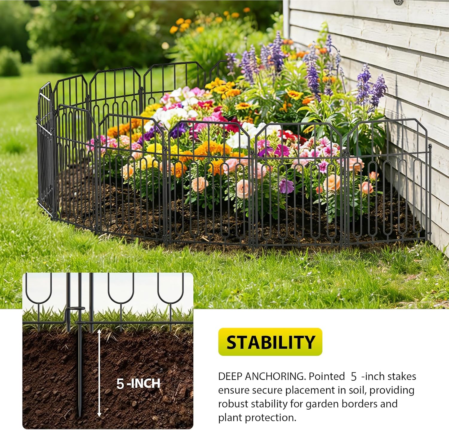 VANCASTLE Decorative Garden Fence, Toatal 10FT(L) x 21IN(H) Outdoor Metal No Dig Fence Animal Barrier, Rustproof No-Tool Assembly Landscape Edging for Yard, Lawn, Patio, Flower Bed-10 Panels Design I